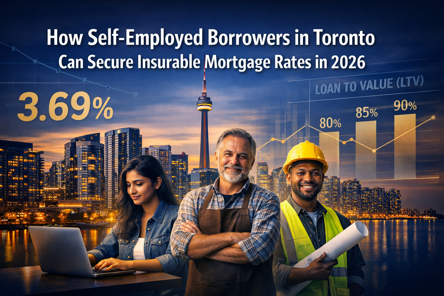 Professional landscape format (1536x1024) hero image featuring bold text overlay 'How Self-Employed Borrowers in Toronto Can Secure Insurabl