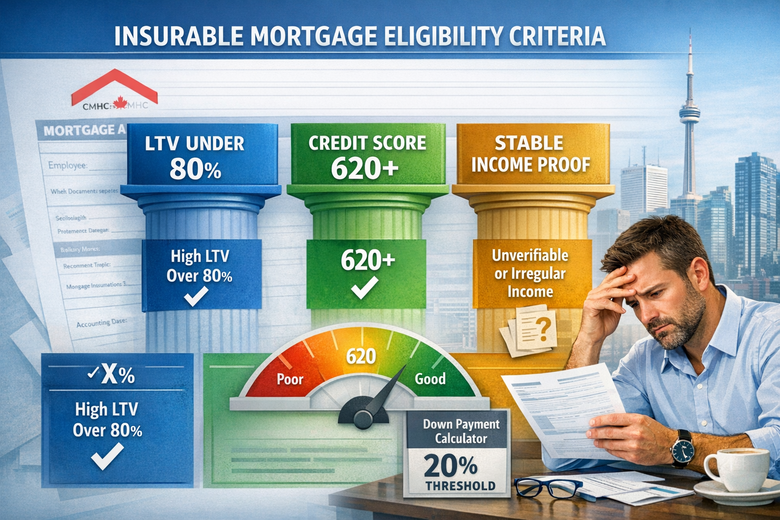 Landscape format (1536x1024) editorial image showing detailed infographic explaining insurable mortgage eligibility criteria. Visual feature