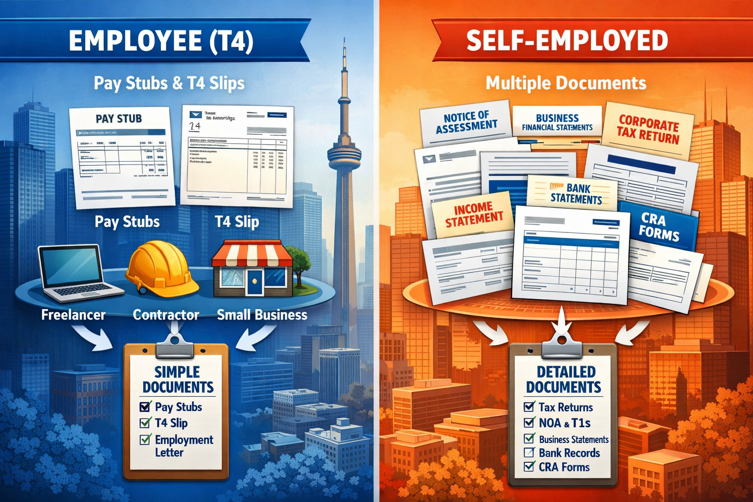 Landscape format (1536x1024) image depicting income documentation comparison for self-employed borrowers. Split-screen composition showing t