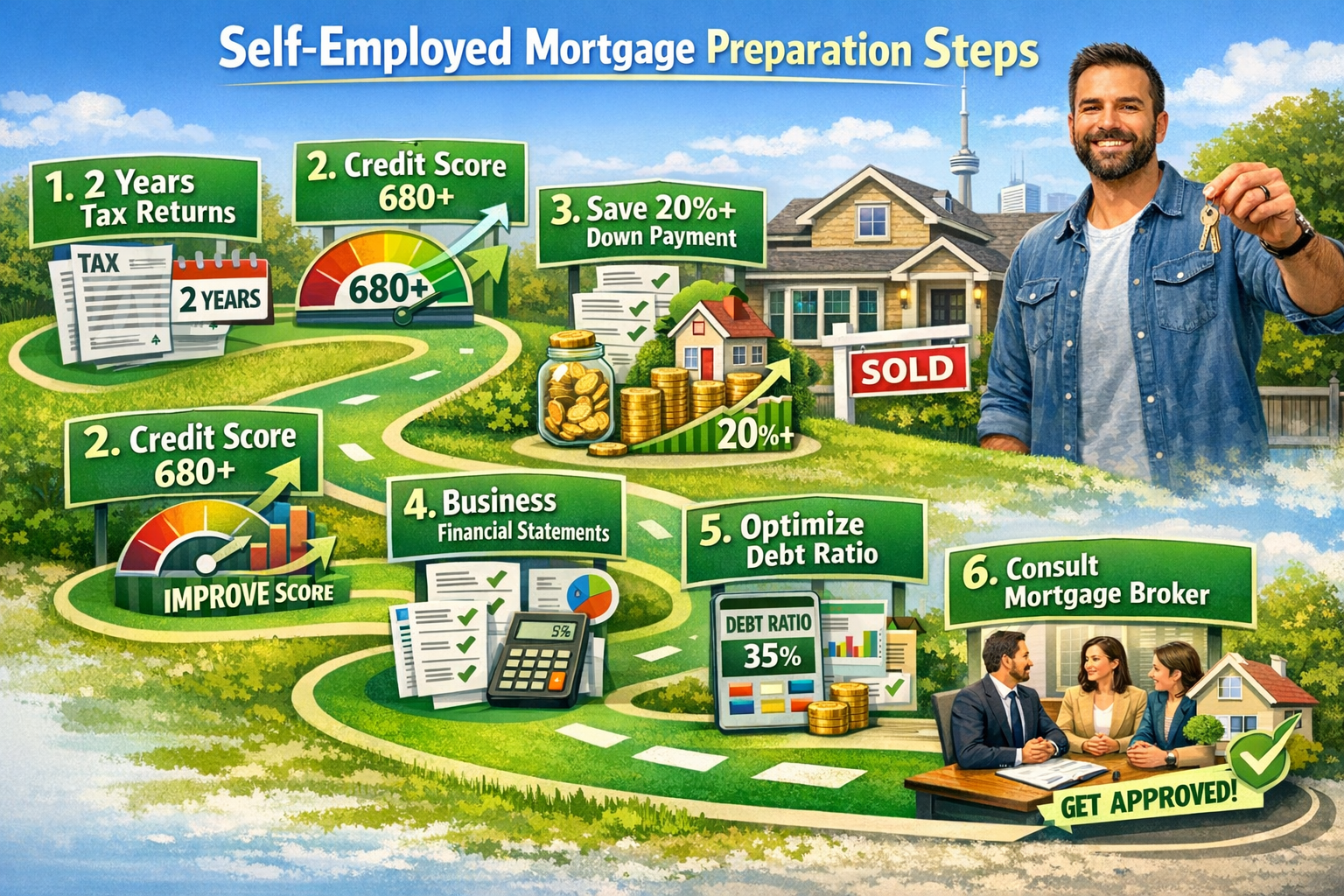 Landscape format (1536x1024) image illustrating actionable preparation steps for self-employed mortgage applicants. Visual shows step-by-ste