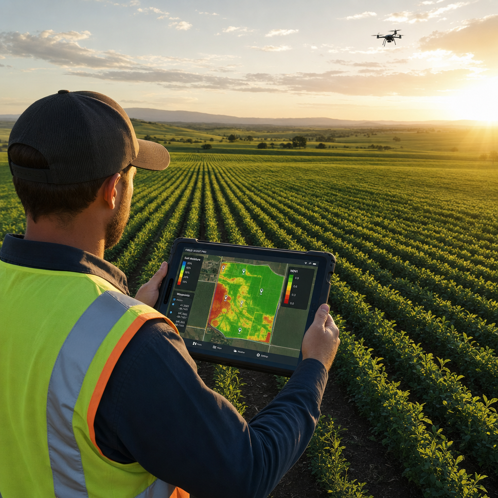 Wide-angle overhead drone shot () of a surveyor in hi-vis vest standing at the edge of a large agricultural field, holding a