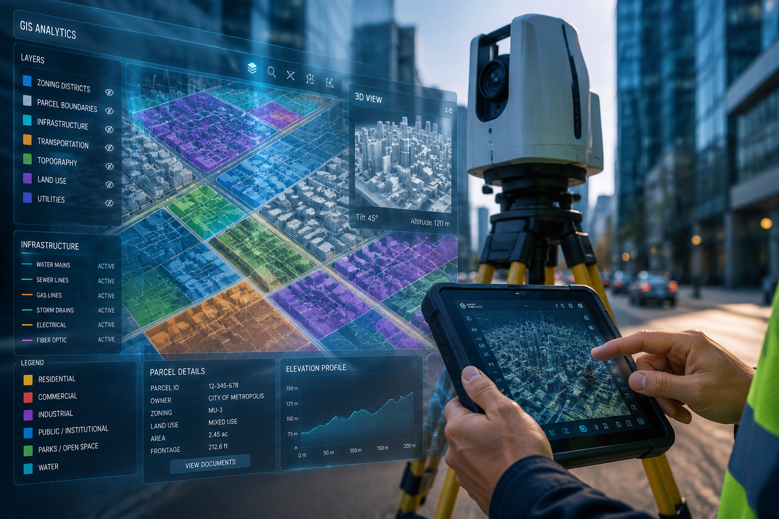 Close-up editorial shot () of a professional surveyor's hands operating a mobile mapping device mounted on a tripod in an