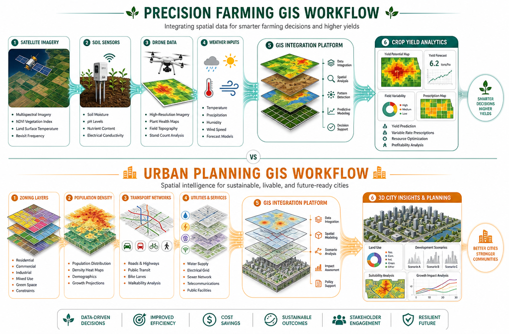 Infographic-style editorial image () showing a split comparison: top half features a precision farming GIS workflow diagram