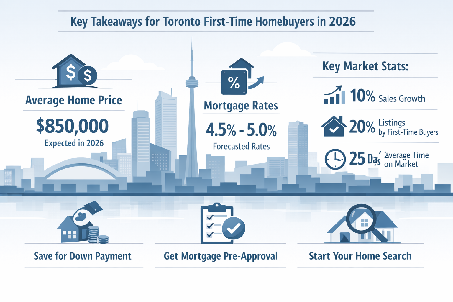 Infographic-style visual representing 'Key Takeaways' for Toronto first-time homebuyers in 2026, featuring minimalist cityscape silhouette w