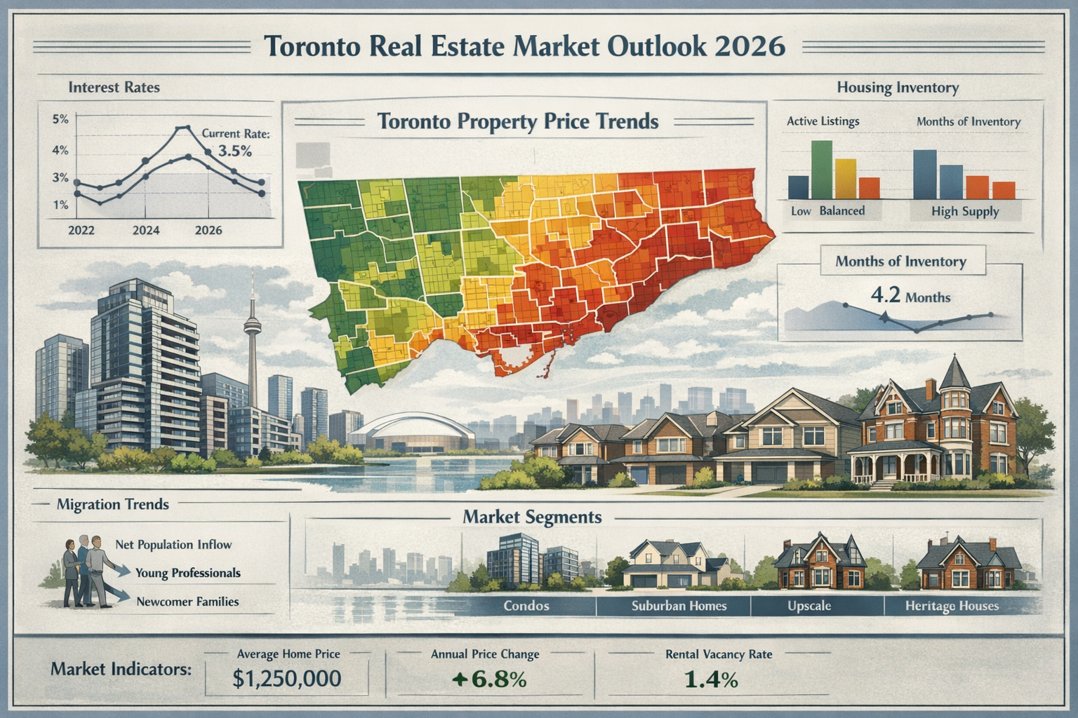 Comprehensive market dynamics visualization for Toronto's 2026 real estate landscape, featuring a detailed geographical heat map showing nei