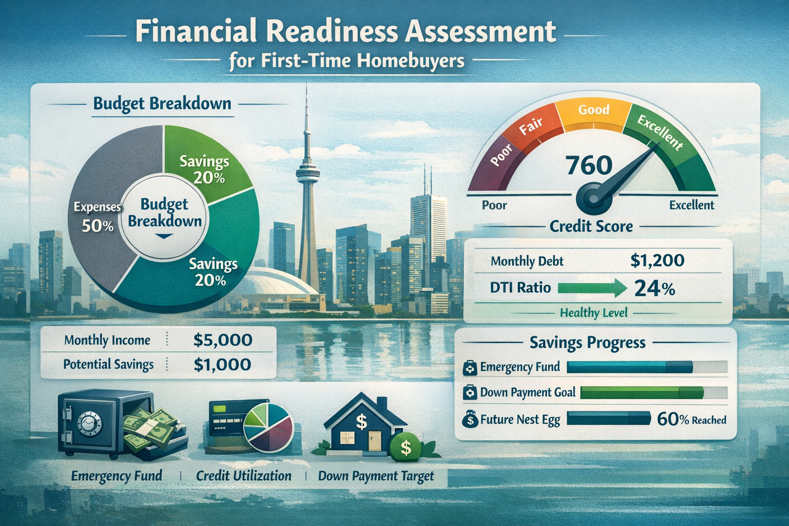 Financial readiness assessment graphic targeting first-time homebuyers, showcasing an interactive budget breakdown wheel illustrating income