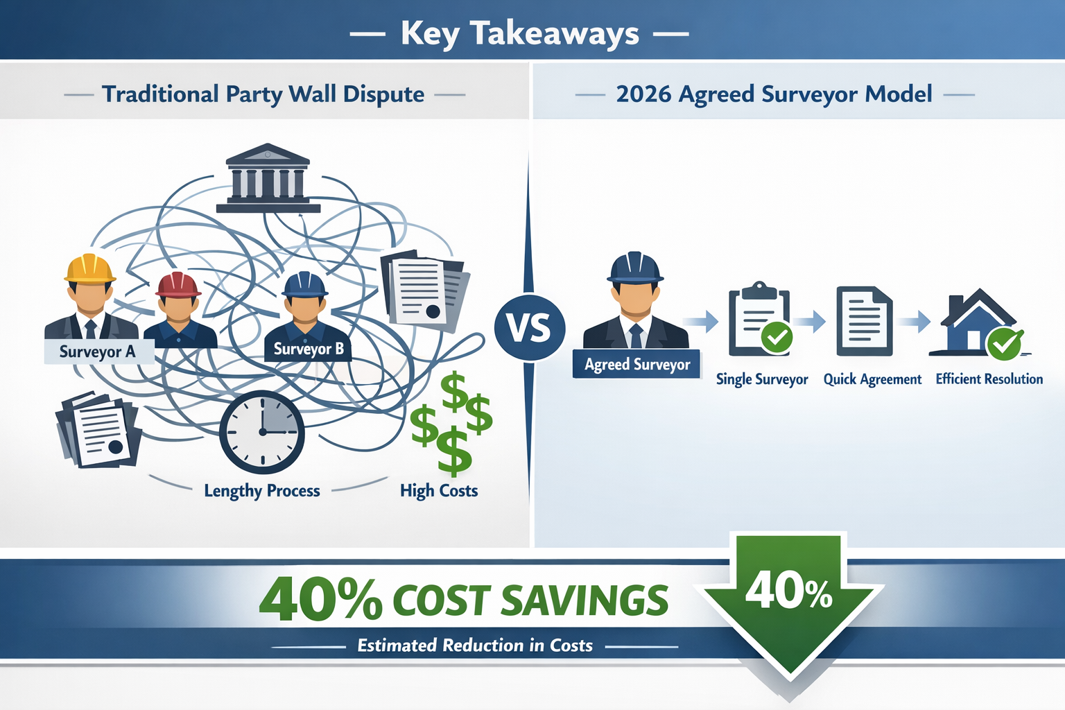 Key Takeaways section infographic: Split-screen visual comparing traditional party wall dispute resolution versus 2026
