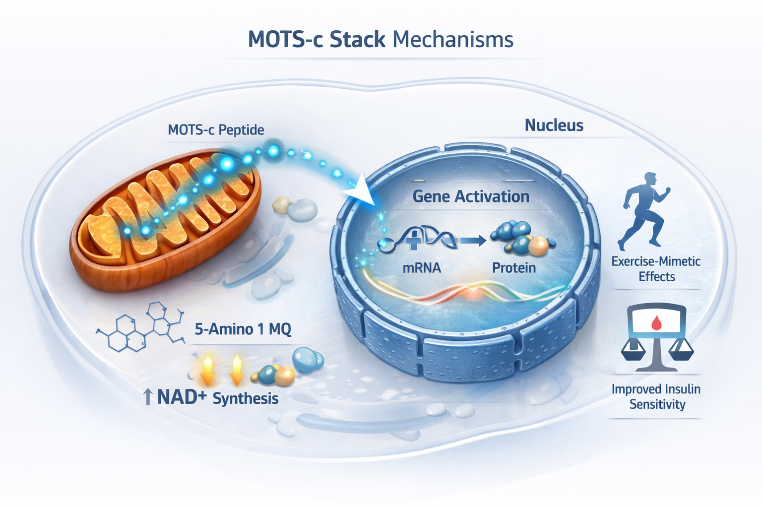 A conceptual diagram (1536x1024) showing the cellular mechanisms of 'mots-c stack' action within a mitochondrion and nucleus. The image shou
