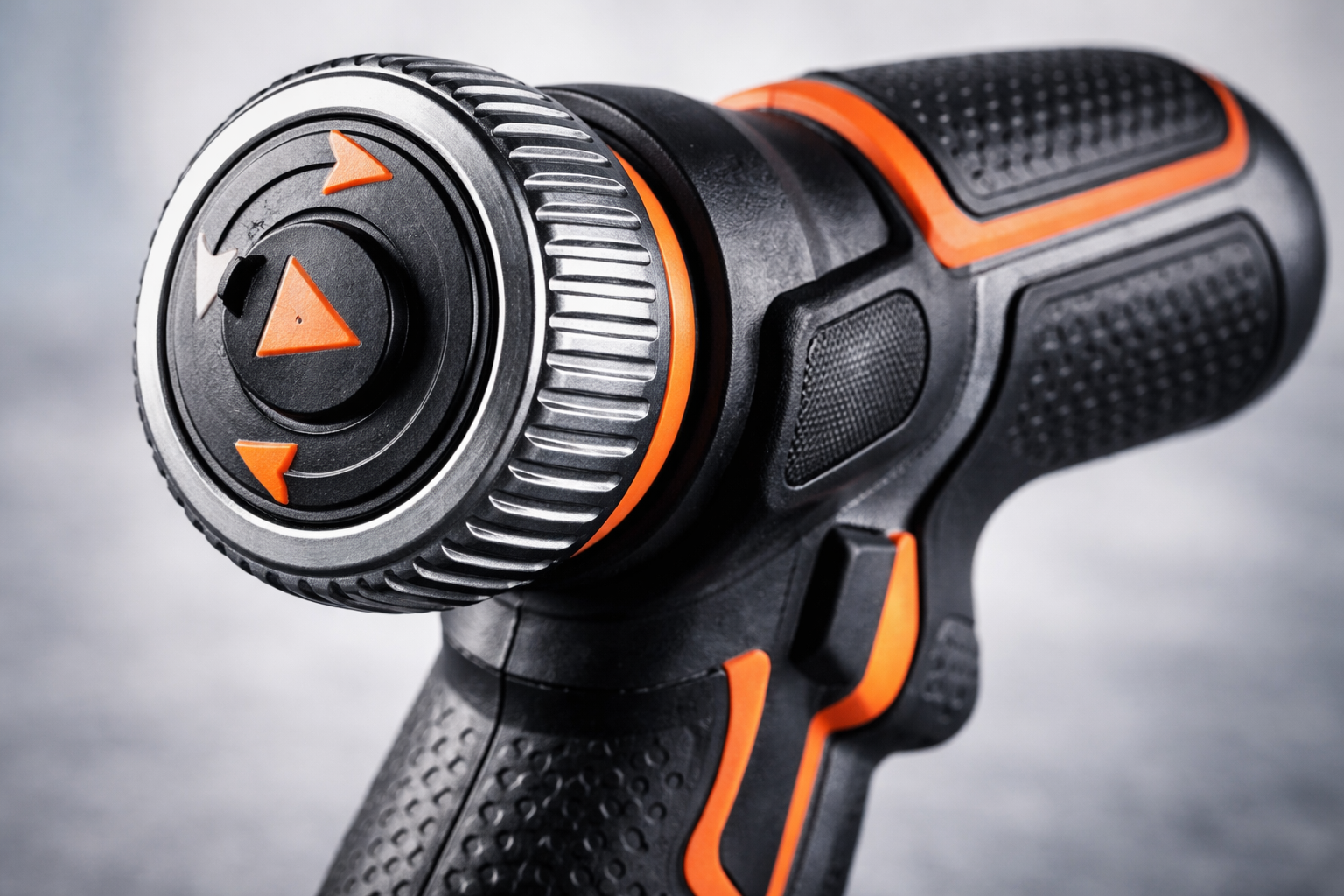 detailed view of the large rotating handle and ergonomic grip design