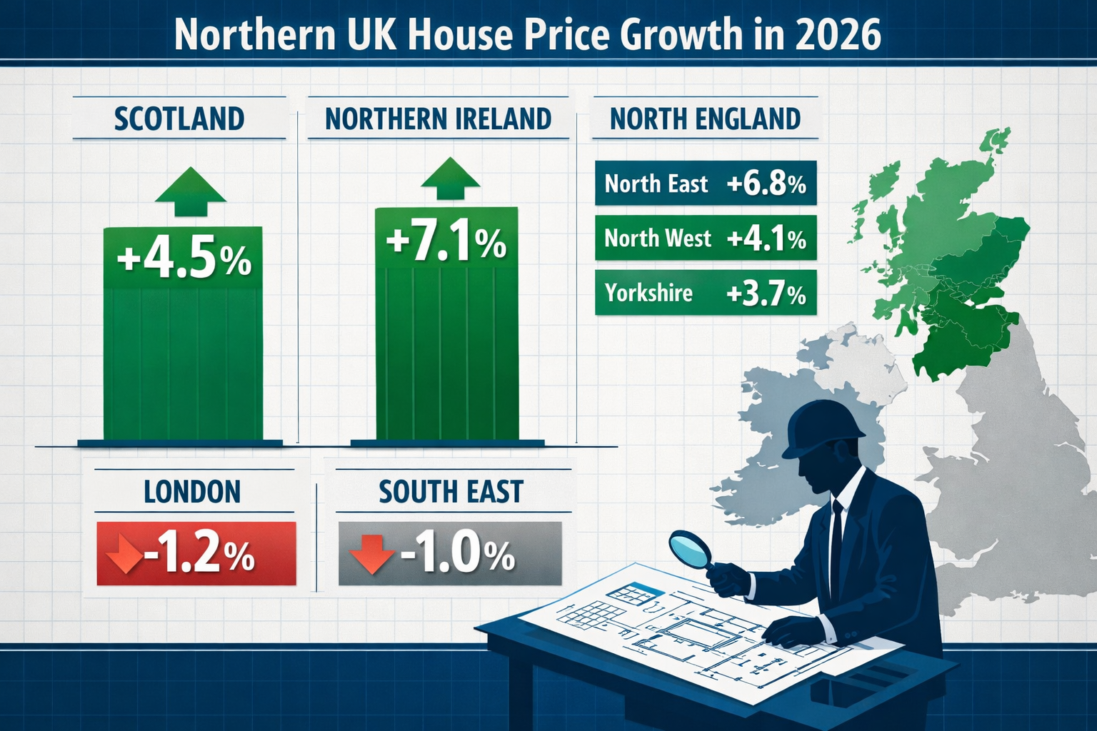 Detailed landscape format (1536x1024) infographic showing regional house price growth comparison across Northern UK regions in 2026. Visual