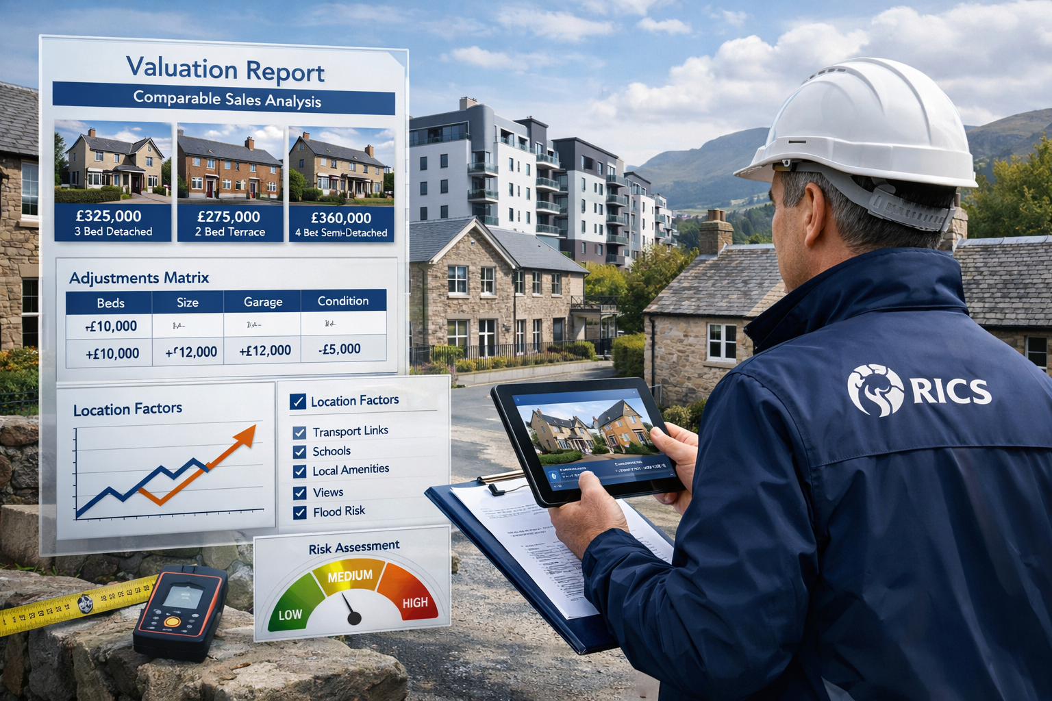 Detailed landscape format (1536x1024) illustration depicting surveyor conducting comparable sales analysis in Northern UK market. Scene show