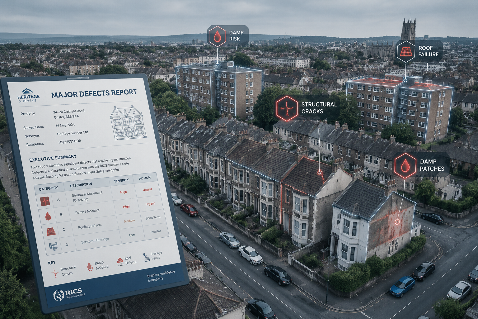 Wide-angle aerial perspective of a UK residential street showing mixed-era housing stock including Victorian terraces and