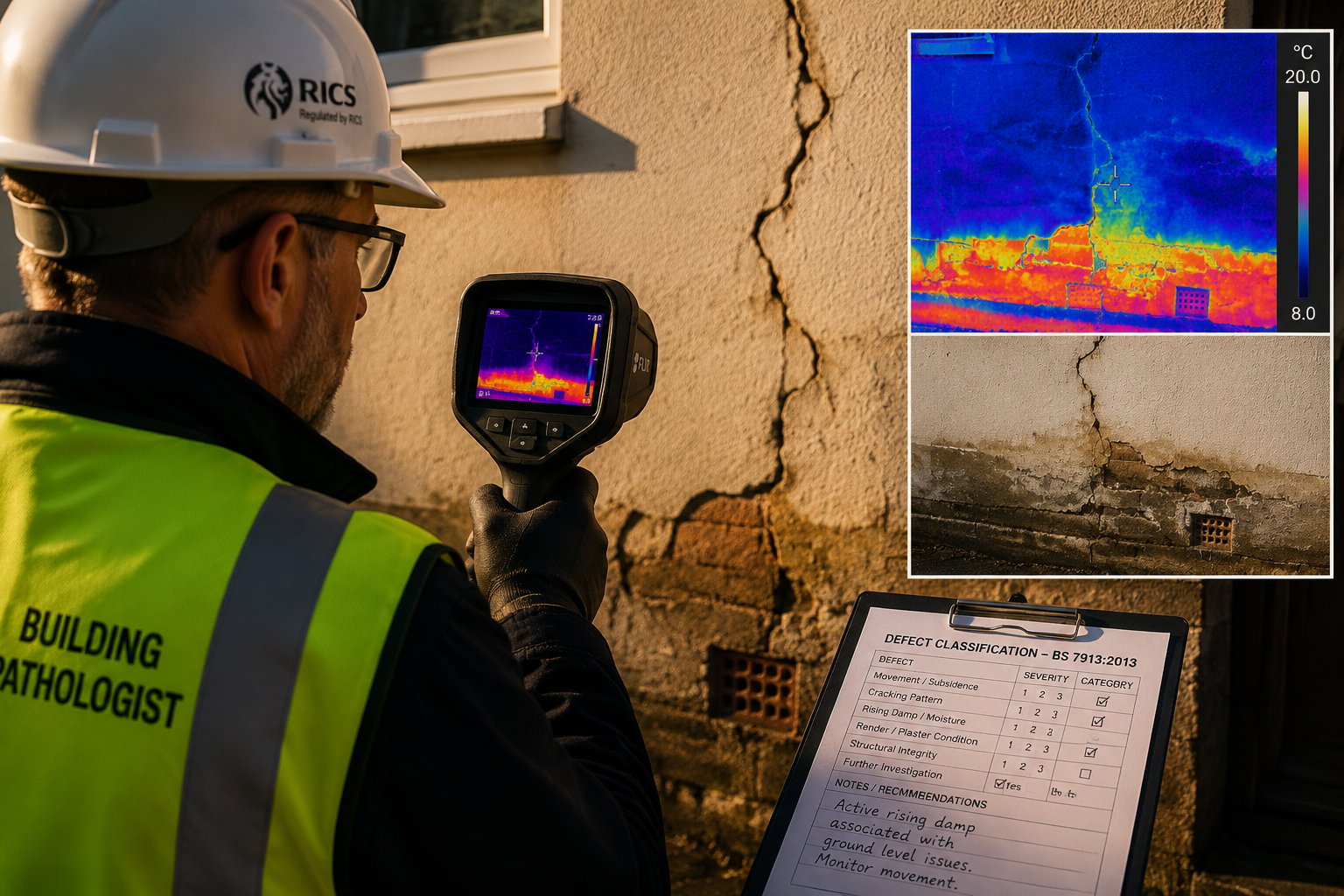 Close-up forensic detail shot of a UK building pathologist in hard hat and hi-vis vest using a thermal imaging camera