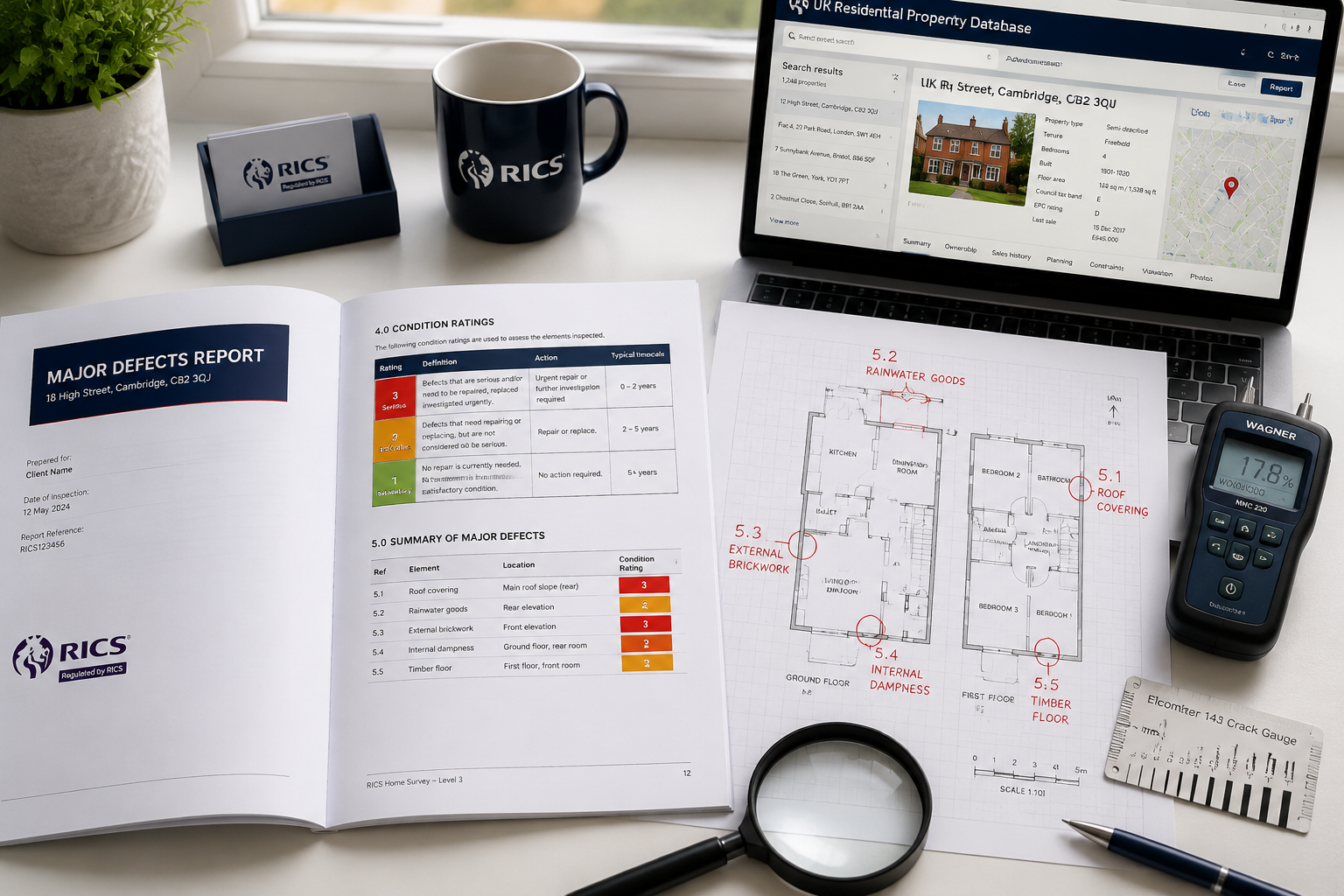 Overhead flat-lay composition of a professional building survey desk showing an open Major Defects Report document with