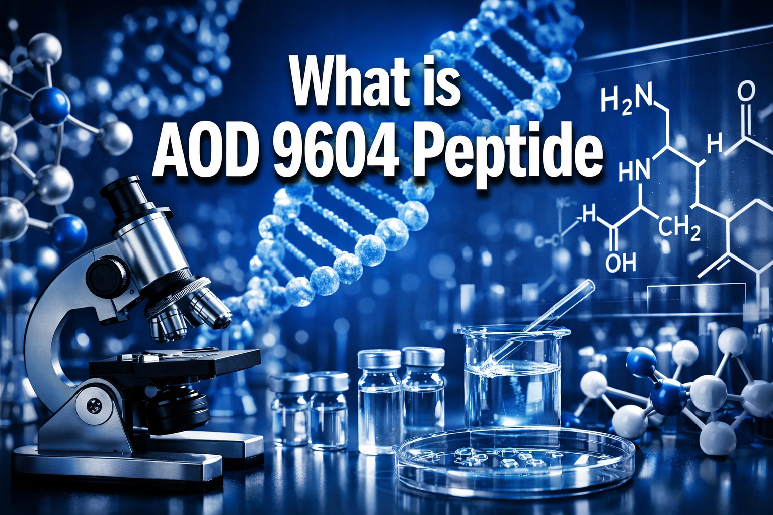Professional landscape hero image (1536x1024) featuring bold text overlay 'What is AOD 9604 Peptide' in extra large 72pt white sans-serif fo