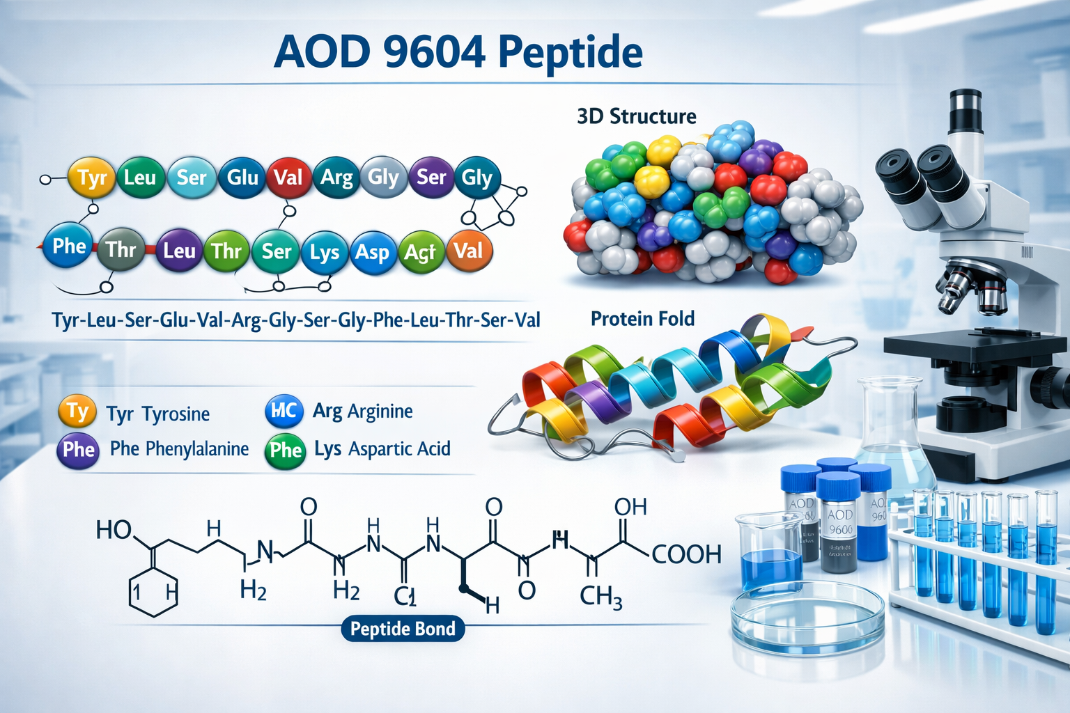 Scientific laboratory scene showing AOD 9604 peptide molecular structure with detailed amino acid sequence visualization, 3D protein folding