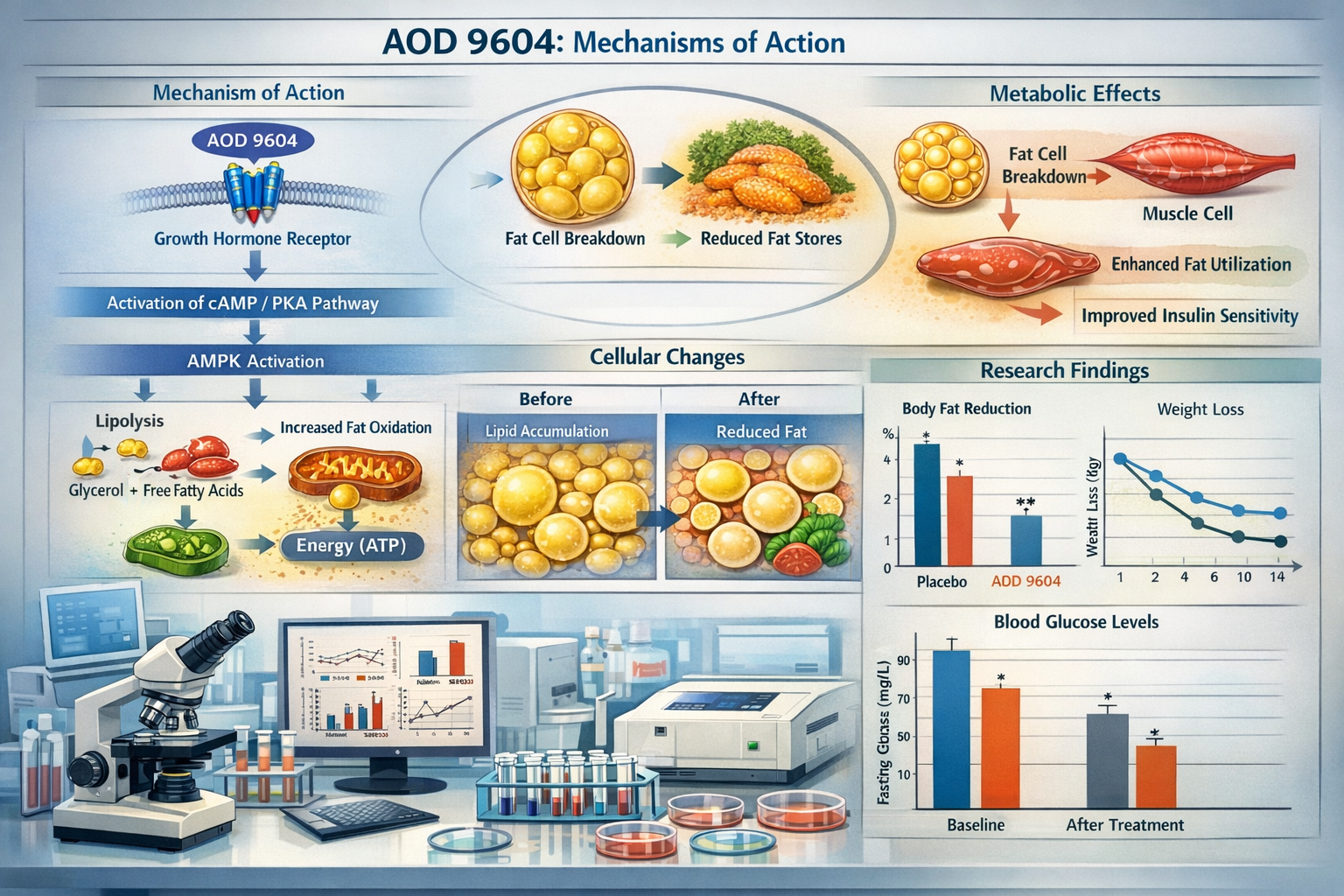Research data visualization showing AOD 9604 peptide mechanisms of action with cellular pathway diagrams, metabolic process illustrations, b