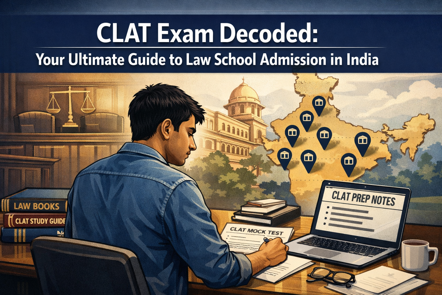 Professional editorial hero image for an education article about Indian law admissions. Show a serious CLAT aspirant seated
