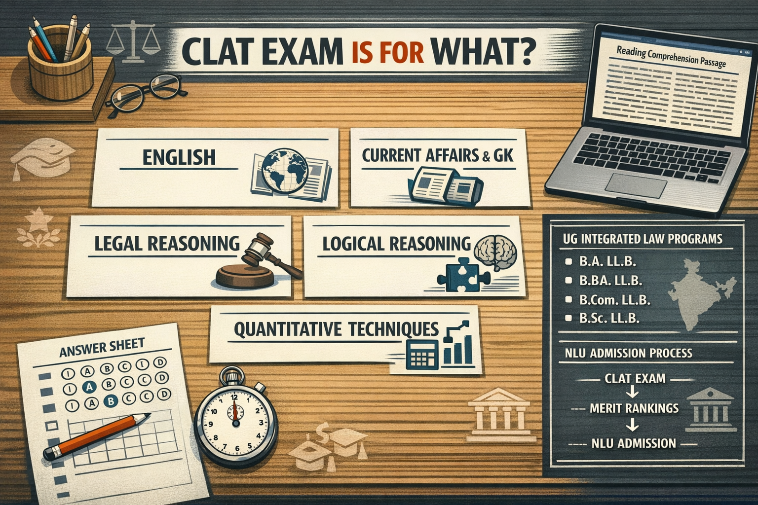 Professional editorial infographic scene focused on the question "clat exam is for what" and the exam structure. Show a