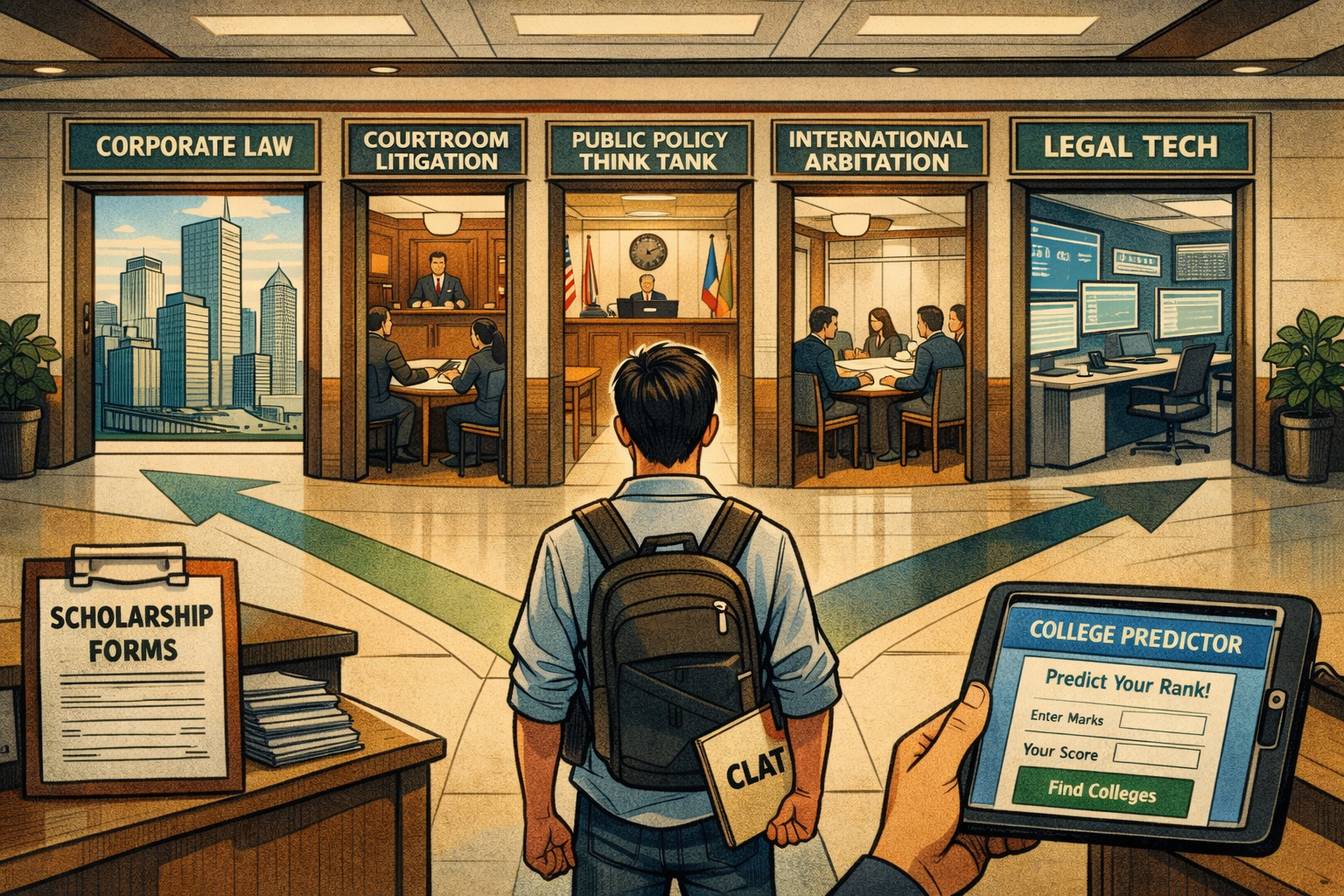 Professional editorial scene centered on law career pathways after CLAT. Show a corridor-style composition with a student