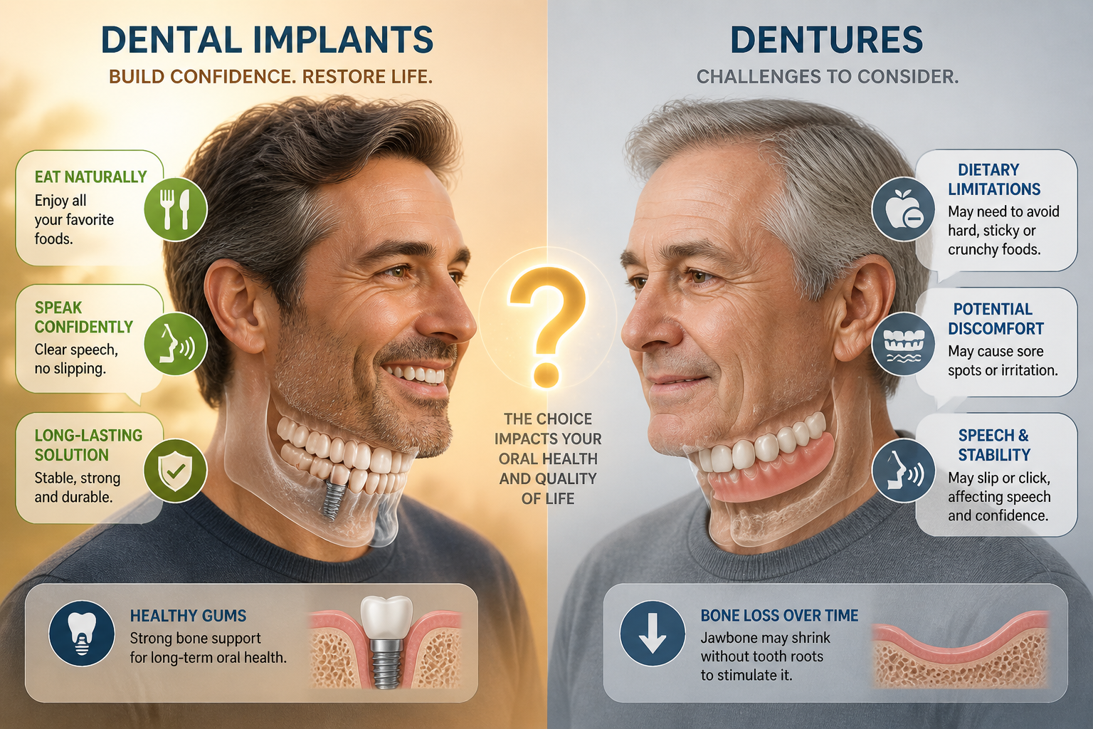 () image depicting the impact of tooth replacement options on oral health and quality of life. A split image showing two
