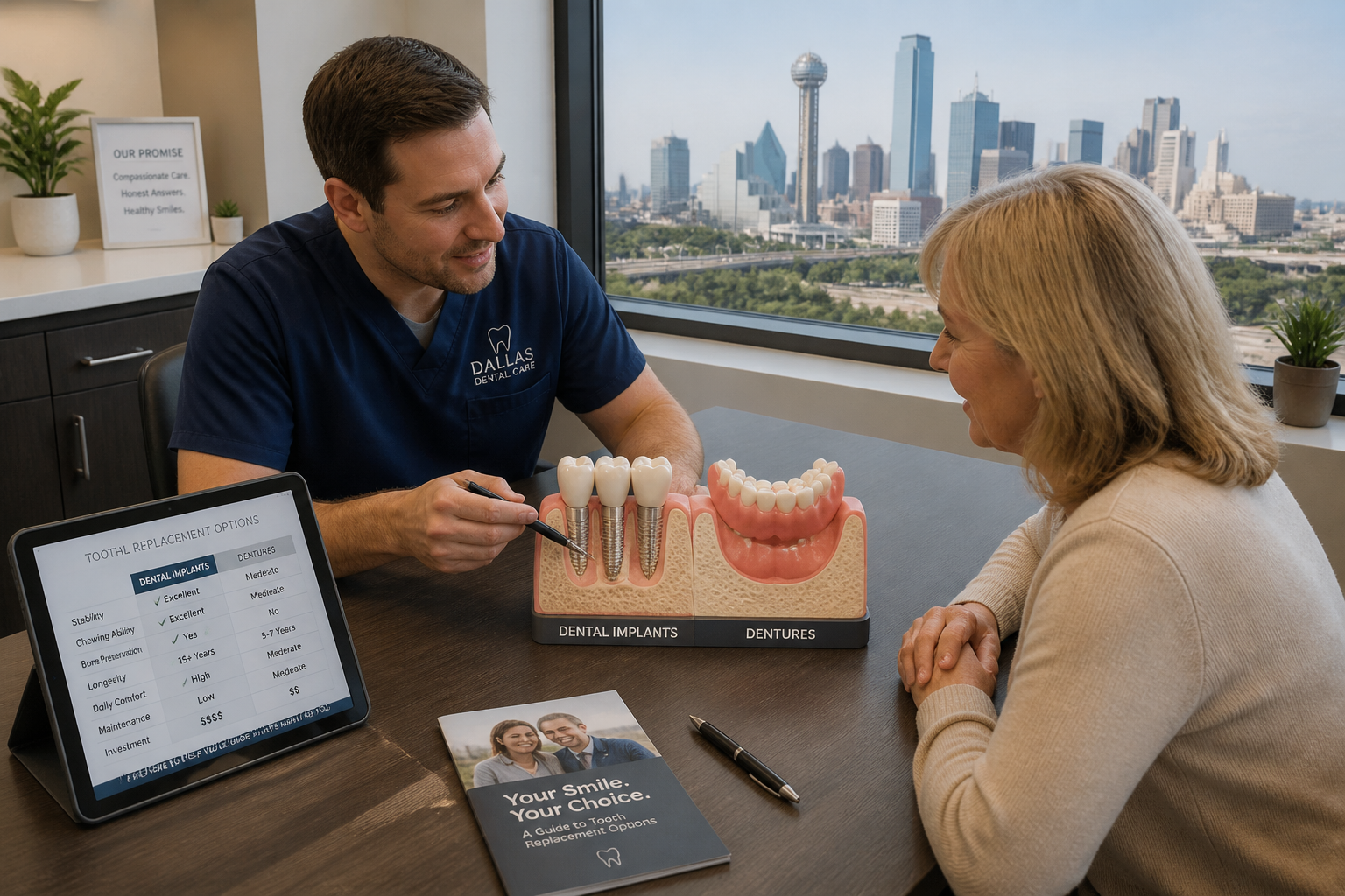 () image illustrating the consultation and decision-making process for tooth replacement. An overhead view of a modern