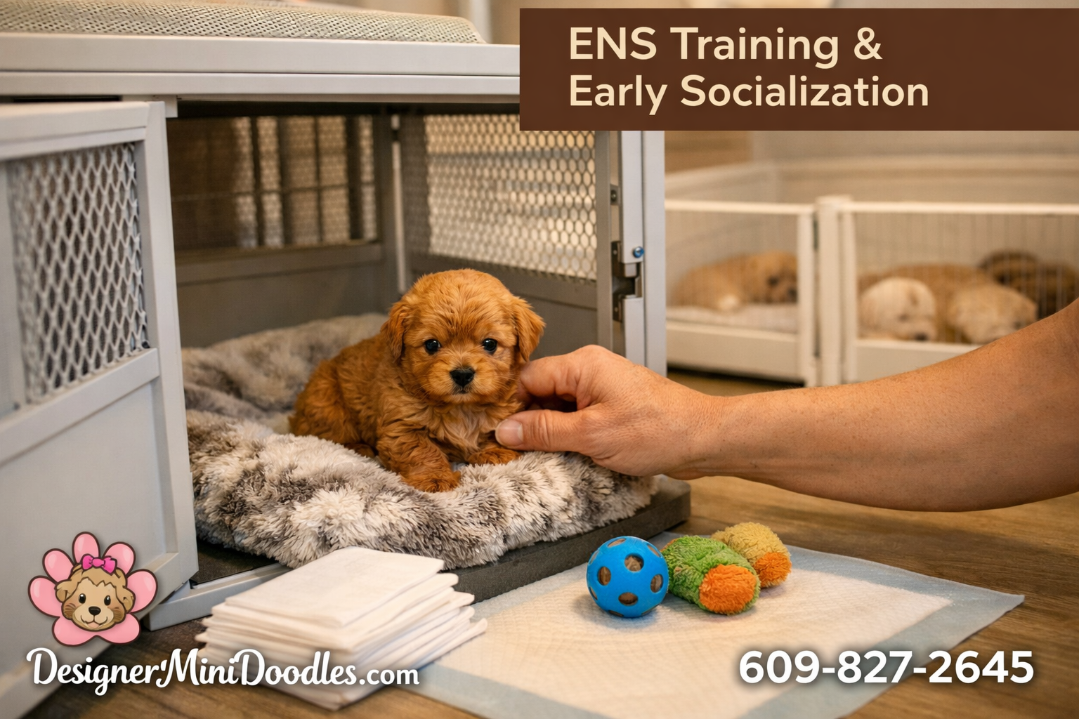 () professional photograph showing the puppy preparation process: a tiny golden micro teacup goldendoodle puppy inside a