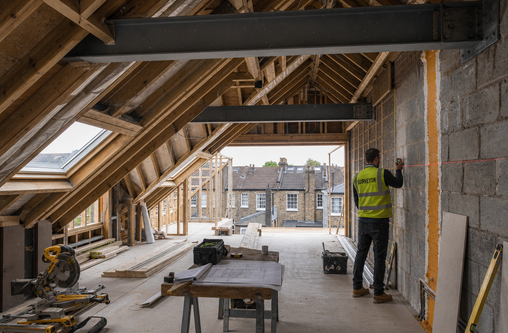 () showing a bird's-eye overhead view of a loft conversion workspace with exposed roof timbers, party wall junction
