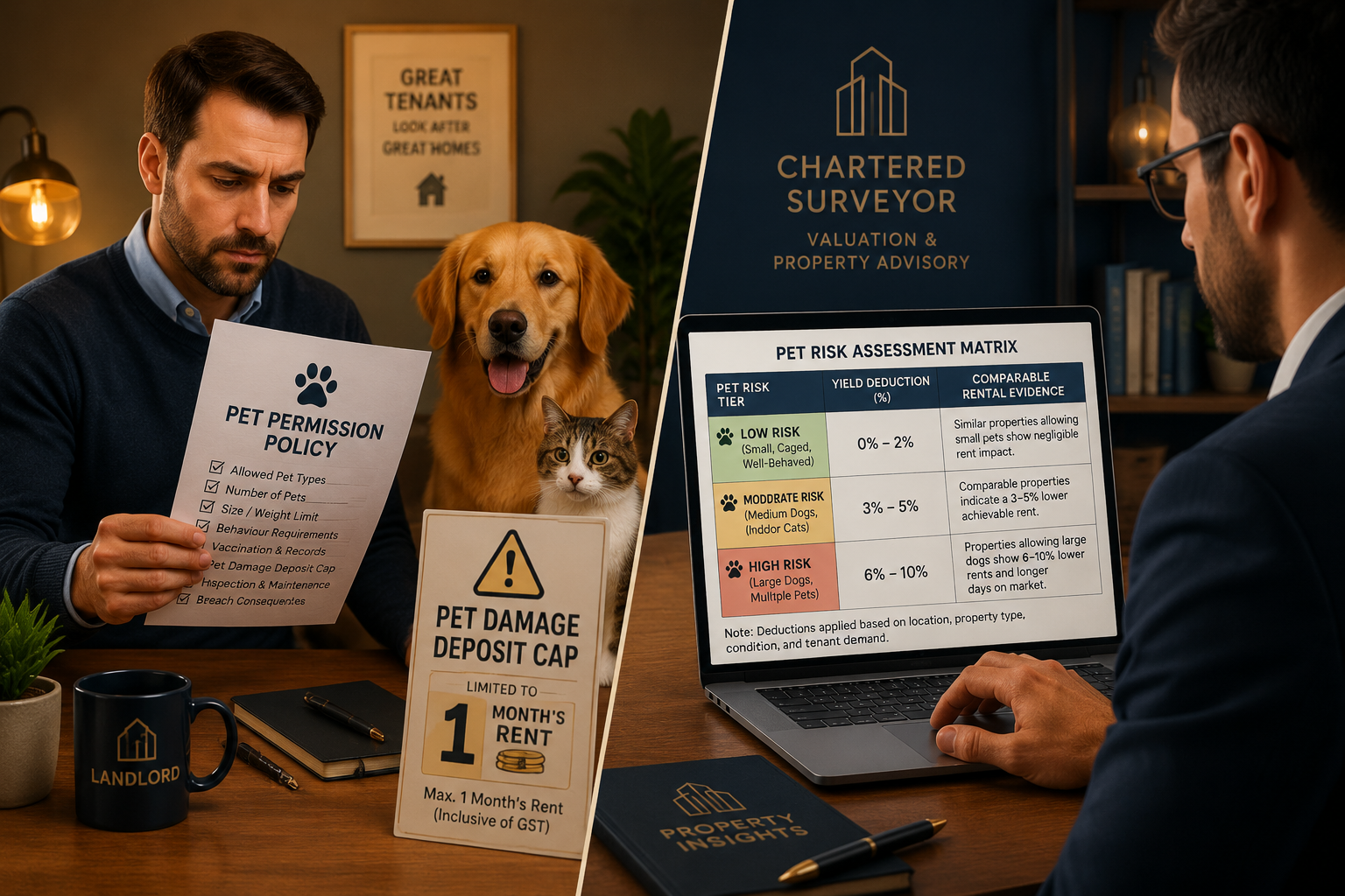Detailed () split-panel illustration: left panel shows a landlord at a desk reviewing a 'Pet Permission Policy' document