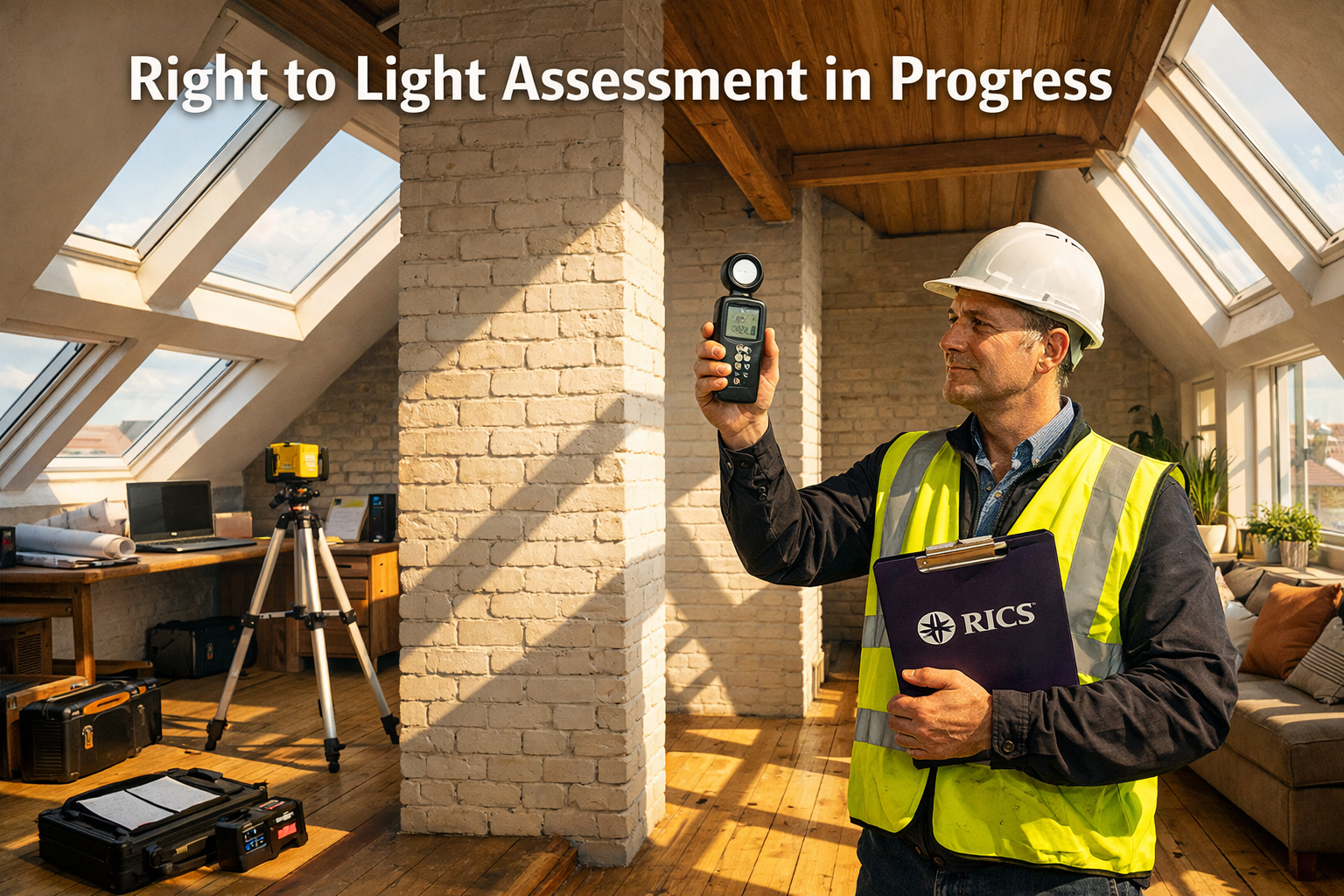 Wide-angle interior shot of a bright loft conversion space with floor-to-ceiling skylights and dormer windows, a party wall