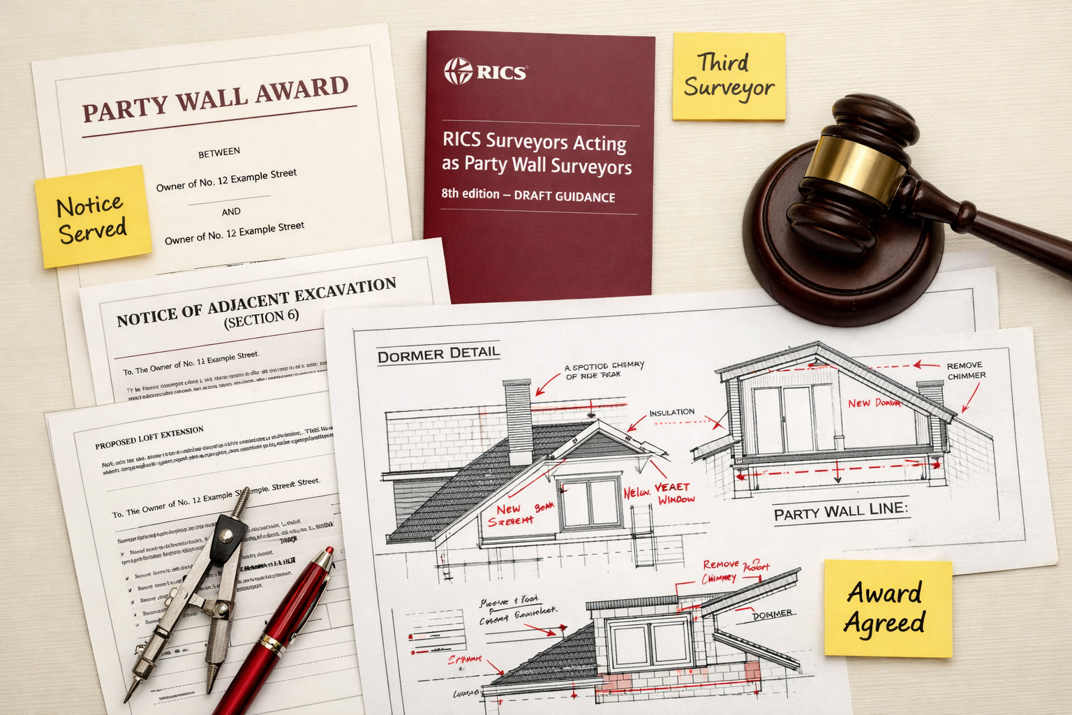 Flat-lay overhead composition of a professional surveyor's desk showing Party Wall Award documents, RICS 8th edition draft