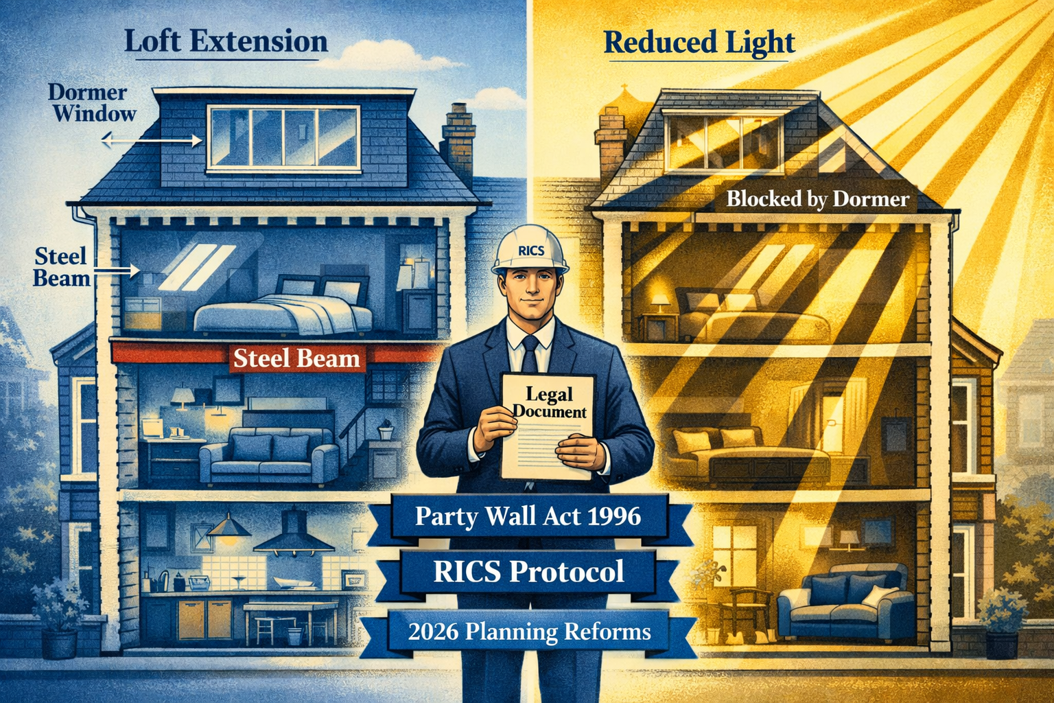 Split-screen infographic-style image showing two neighbouring Victorian terraced houses in cross-section: left side shows a