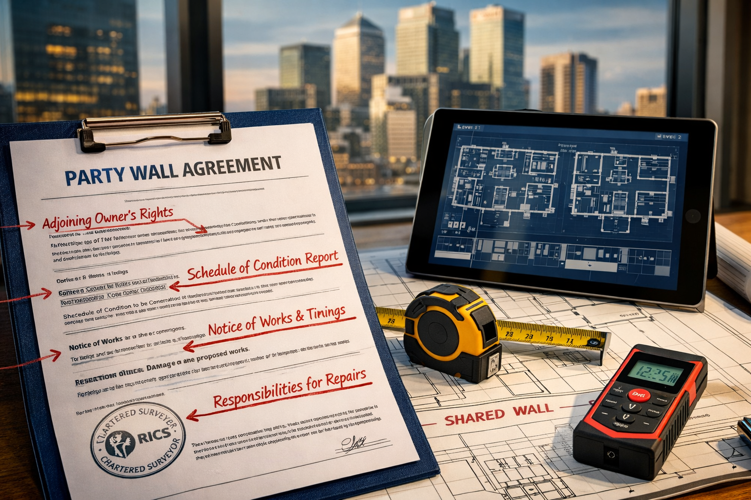 Detailed () image showing close-up of party wall agreement documentation on architect's desk with RICS surveyor's stamp