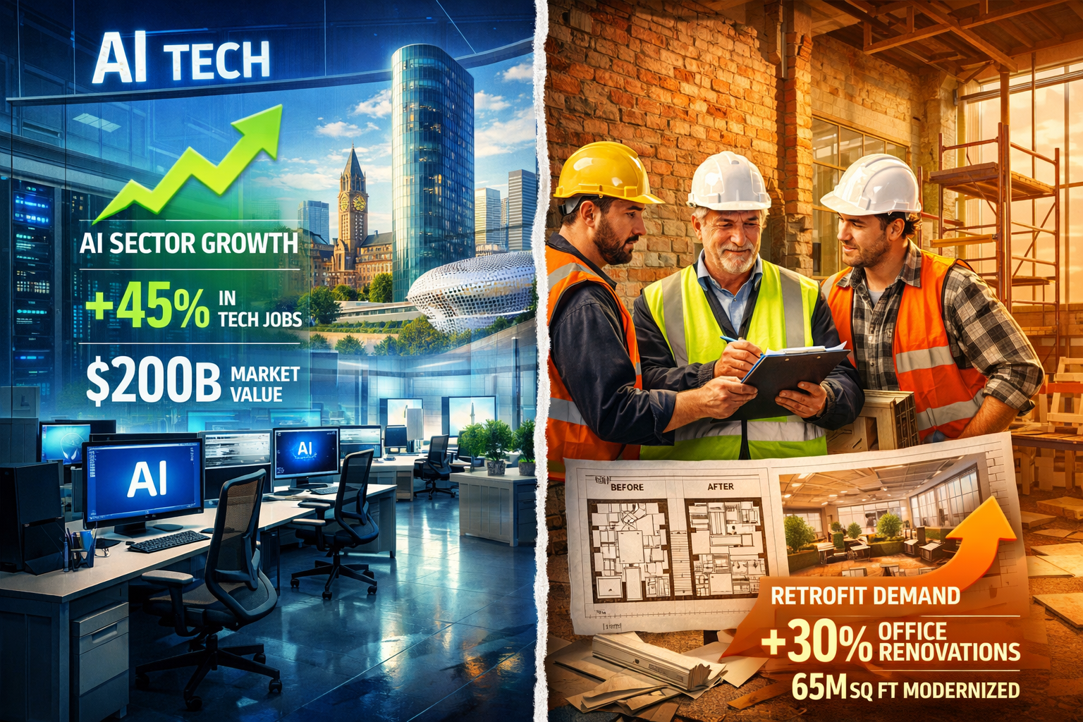Professional () visualization of AI-driven office demand impact showing split-screen composition: left side displays modern
