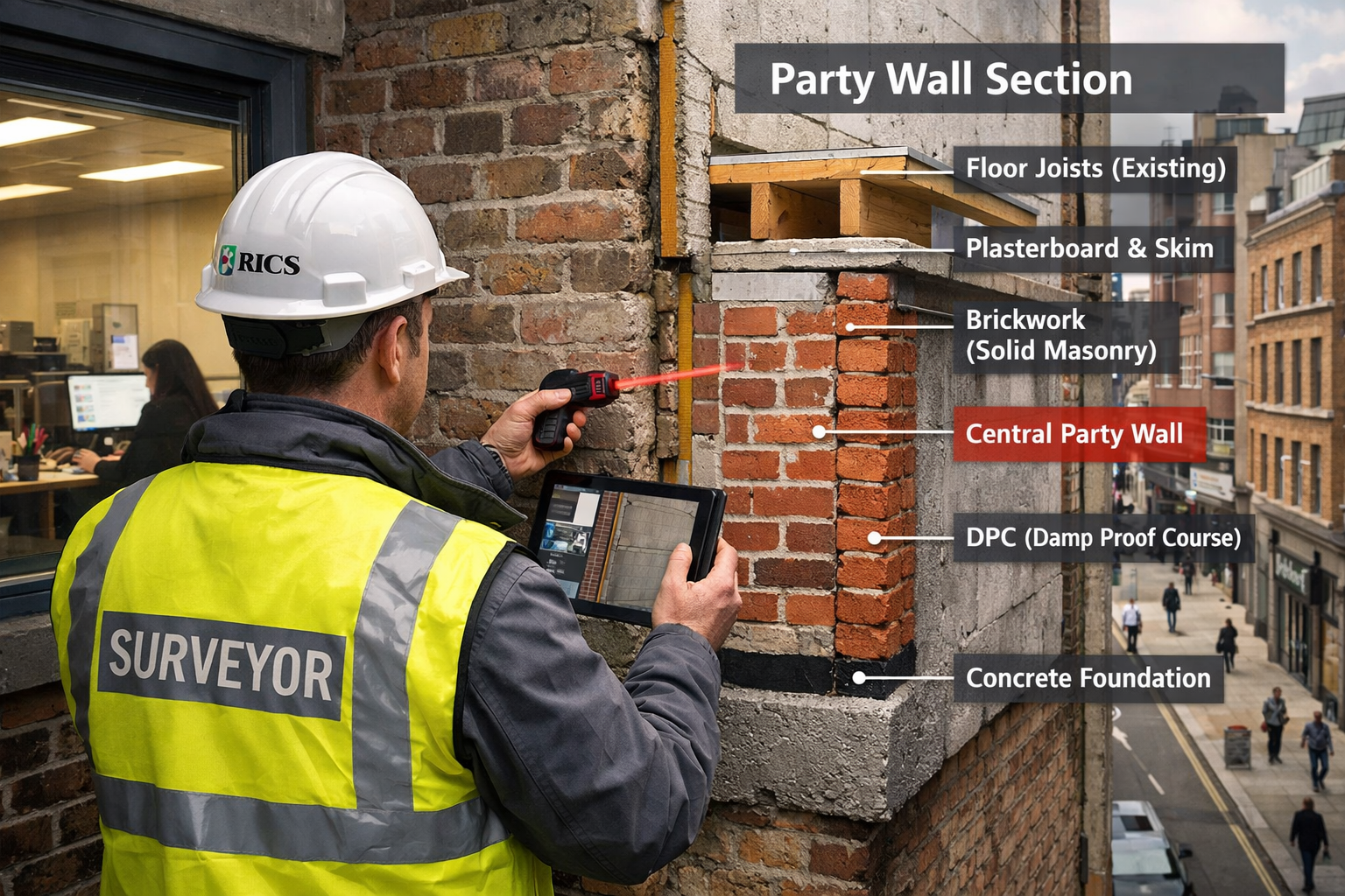 Comprehensive () image depicting RICS surveyor conducting party wall inspection in tight urban office retrofit scenario,