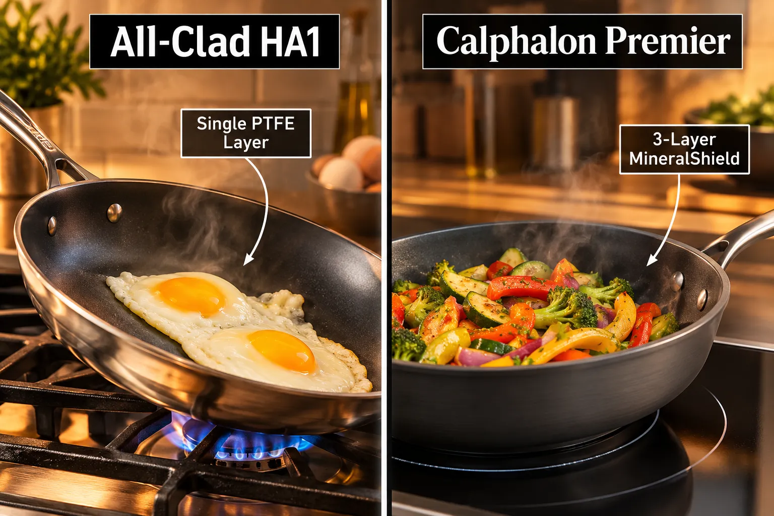 Use these terms in the prompts for images. [A Woman] [A Man] [A Girl] [A Boy] Split-screen editorial landscape format (1536x1024): left half shows a close-up of an All-Clad non-stick pan with eggs sliding effortlessly on a gas burner, warm kitchen lighting, steam rising, callout label 'Single PTFE Layer' with arrow; right half shows a Calphalon Premier hard-anodized pan on an induction cooktop with vegetables sauteing, callout label '3-Layer MineralShield' with arrow. Bold dividing line down center, short labels 'All-Clad HA1' and 'Calphalon Premier' at top of each half, high-contrast editorial food photography, warm amber and steel-grey tones. Calphalon Non-Stick Highlights