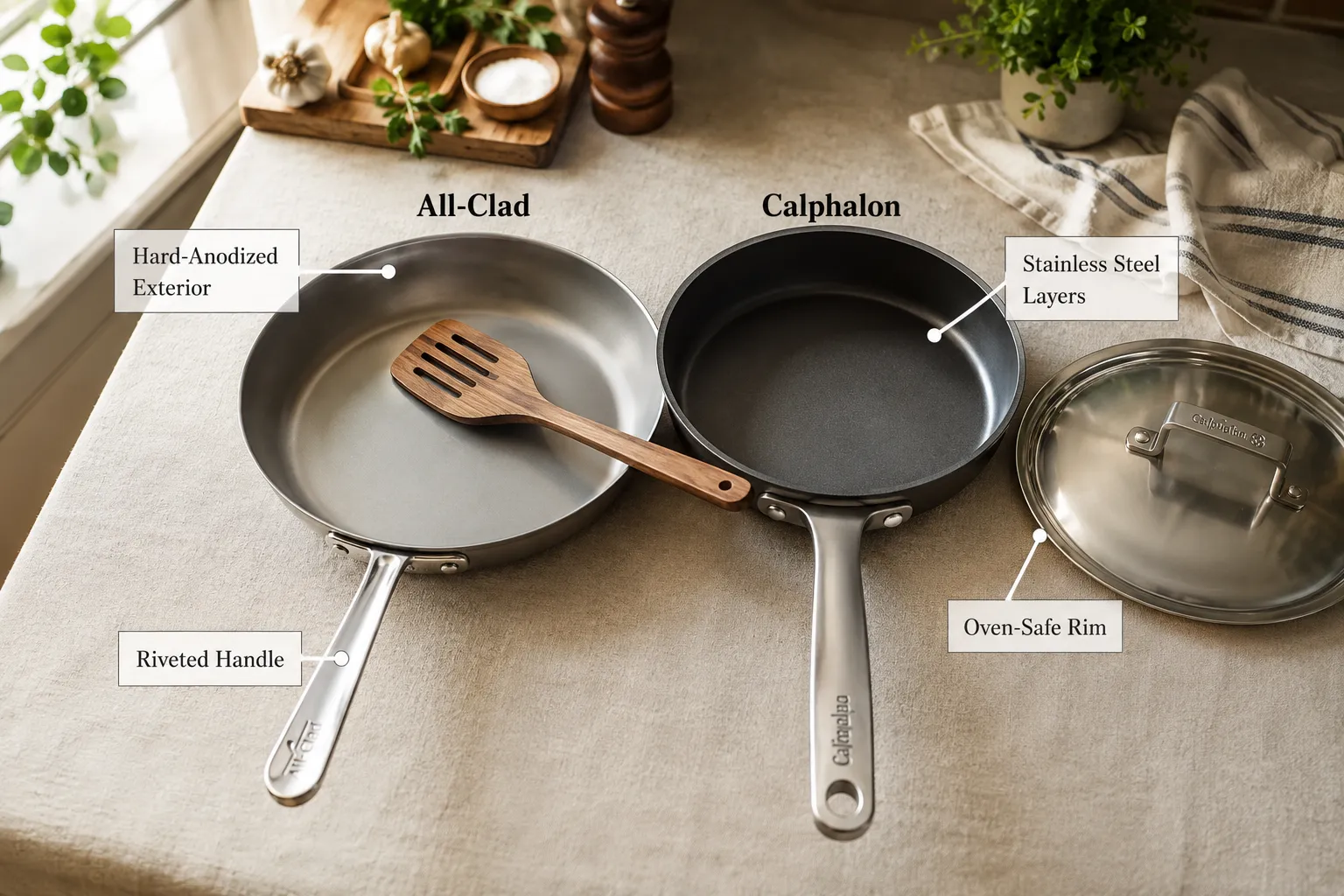 Use these terms in the prompts for images. [A Woman] [A Man] [A Girl] [A Boy] Annotated documentary landscape format (1536x1024): overhead shot of a kitchen countertop with both an All-Clad and Calphalon pan placed side by side, a wooden spatula resting across one pan, a stainless steel lid beside the other, soft natural window light from the left. Four callout labels with thin lines pointing to: 'Hard-Anodized Exterior', 'Stainless Steel Layers', 'Riveted Handle', 'Oven-Safe Rim'. Neutral linen background, warm natural daylight palette, editorial lifestyle photography style, magazine-quality sharpness and depth of field. Who Should Choose All-Clad and Who Should Choose Calphalon?