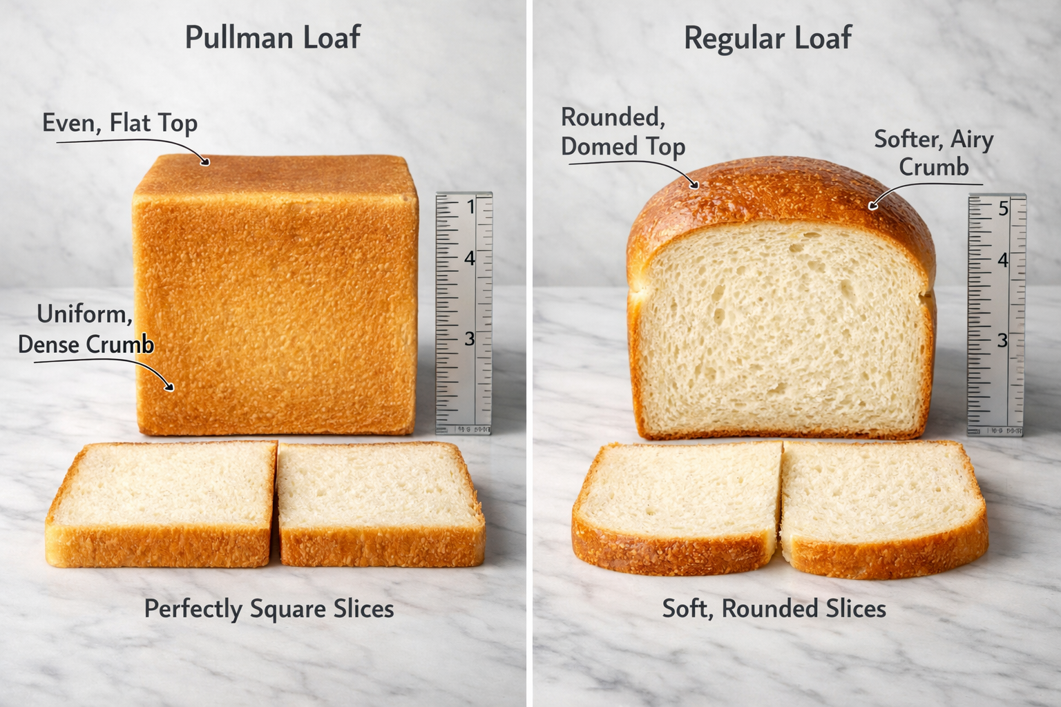 Split comparison image showing two perfect sandwich bread loaves side by side - one baked in pullman pan with lid creating perfectly square 