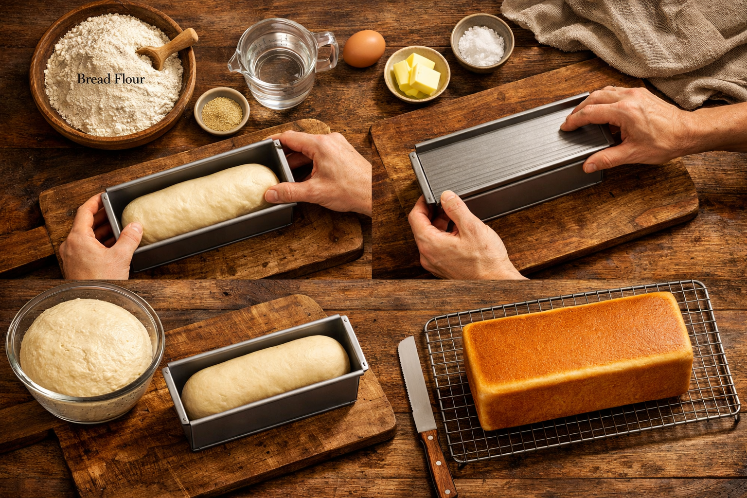 Overhead kitchen scene showing pullman loaf pan in action with step-by-step baking process, ingredients laid out including bread flour and y