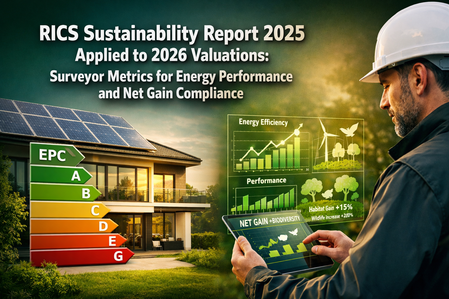 Professional () hero image with 'RICS Sustainability Report 2025 Applied to 2026 Valuations: Surveyor Metrics for Energy