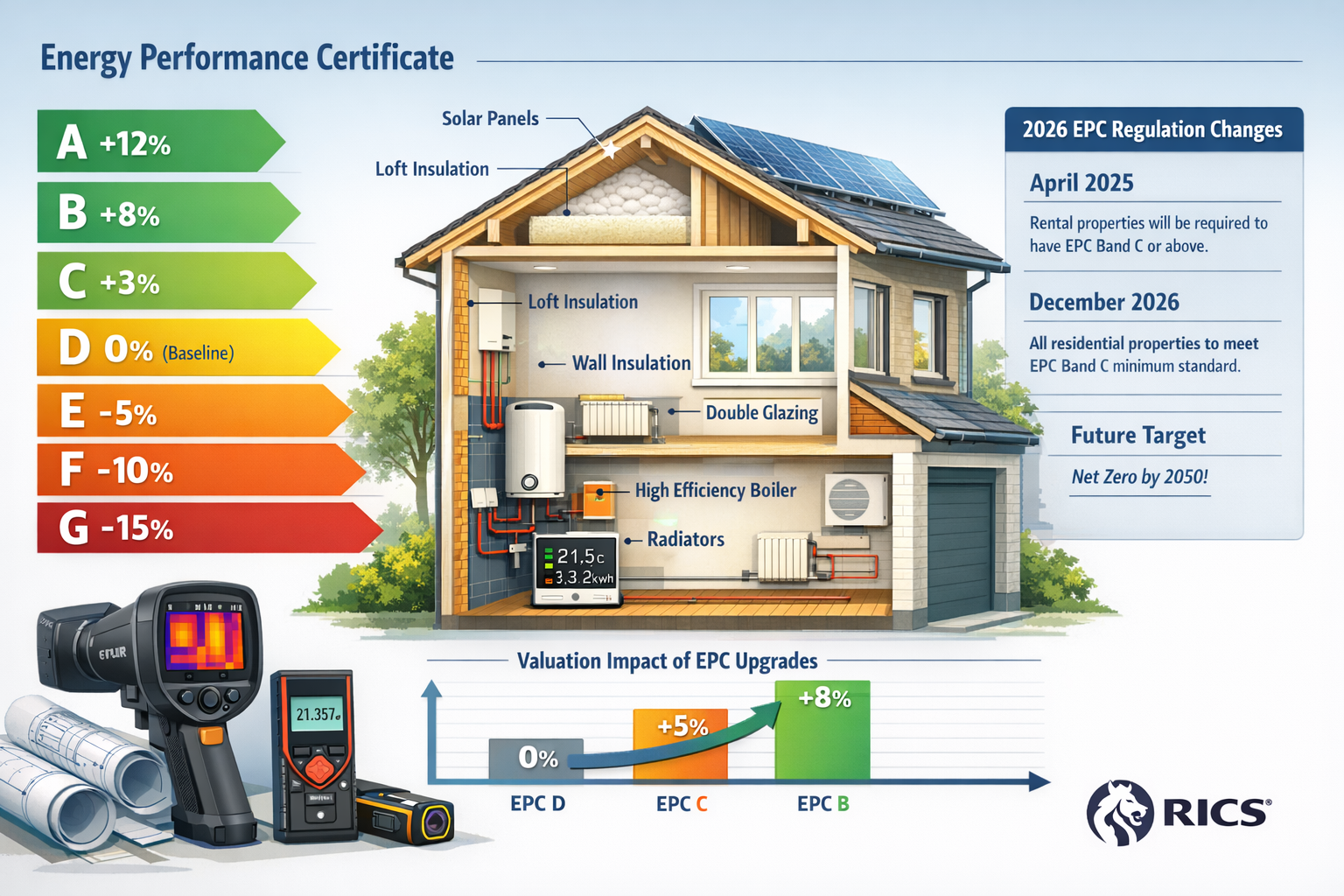 () detailed infographic showing Energy Performance Certificate (EPC) rating scale from A to G with color-coded bands (green