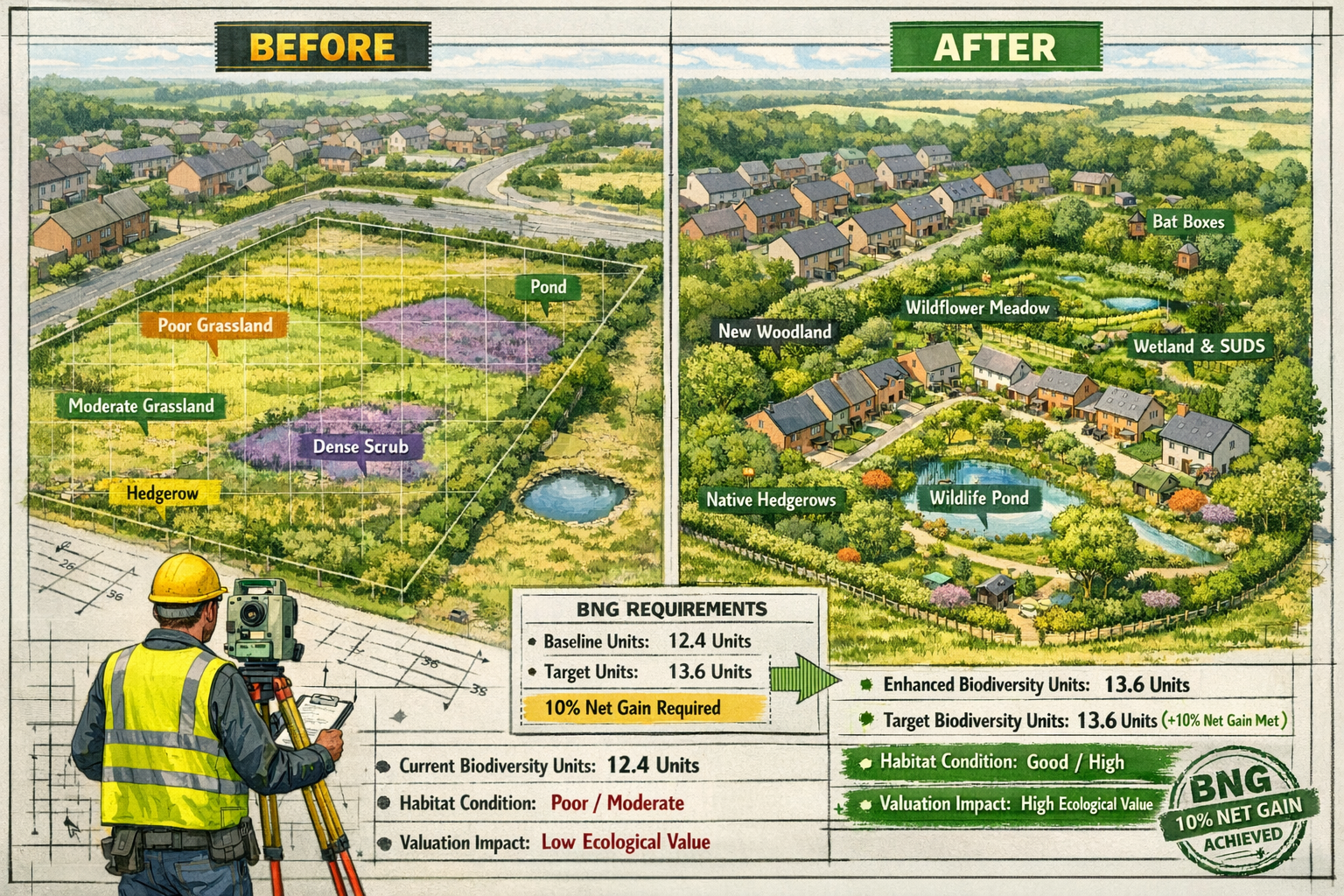 () detailed visualization of Biodiversity Net Gain (BNG) assessment for residential development site. Aerial view