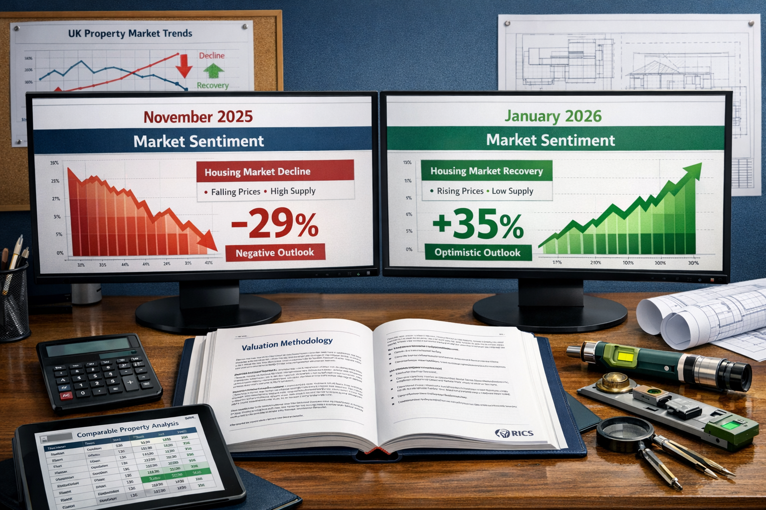 Detailed landscape format (1536x1024) editorial image showing professional surveyor's workspace during market transition analysis. Central f