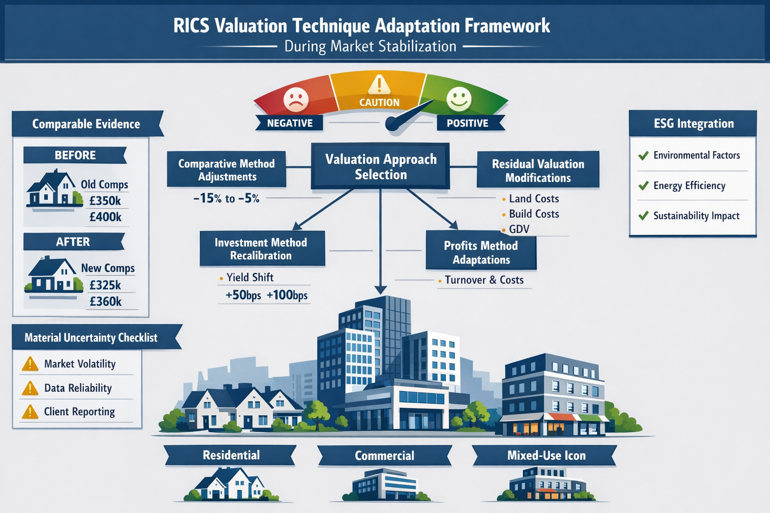 Detailed landscape format (1536x1024) conceptual infographic illustration demonstrating RICS valuation technique adaptation framework. Centr