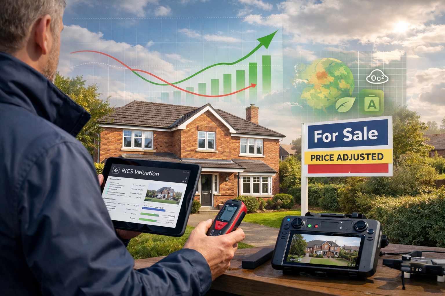 Detailed landscape format (1536x1024) professional photograph of modern UK property valuation scene representing market stabilization. Foreg