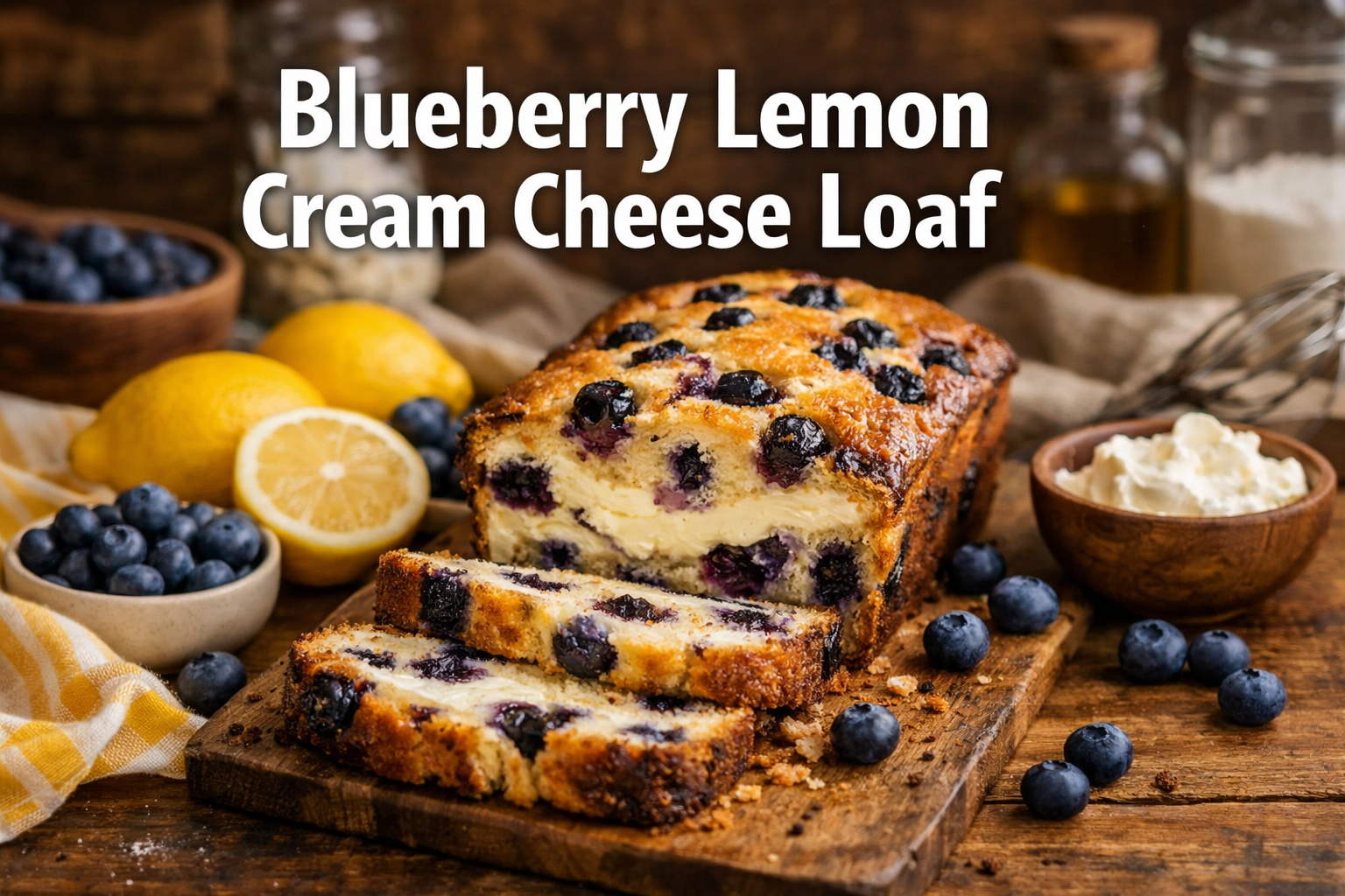 Professional landscape hero image (1536x1024) featuring bold text overlay 'Blueberry Lemon Cream Cheese Loaf' in extra large 72pt white sans