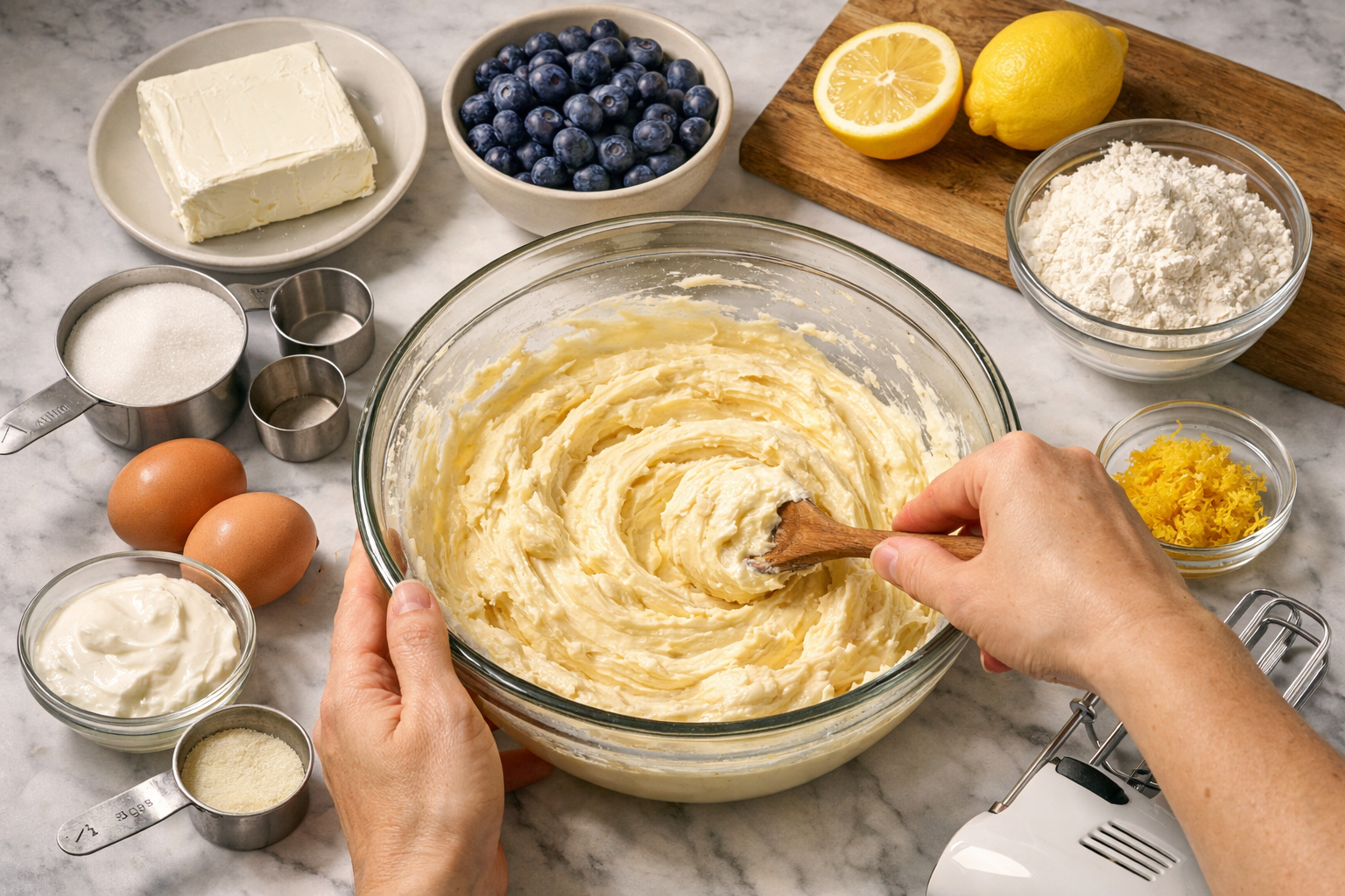 Detailed step-by-step baking process image showing hands mixing blueberry lemon cream cheese loaf batter in a large bowl, with ingredients l