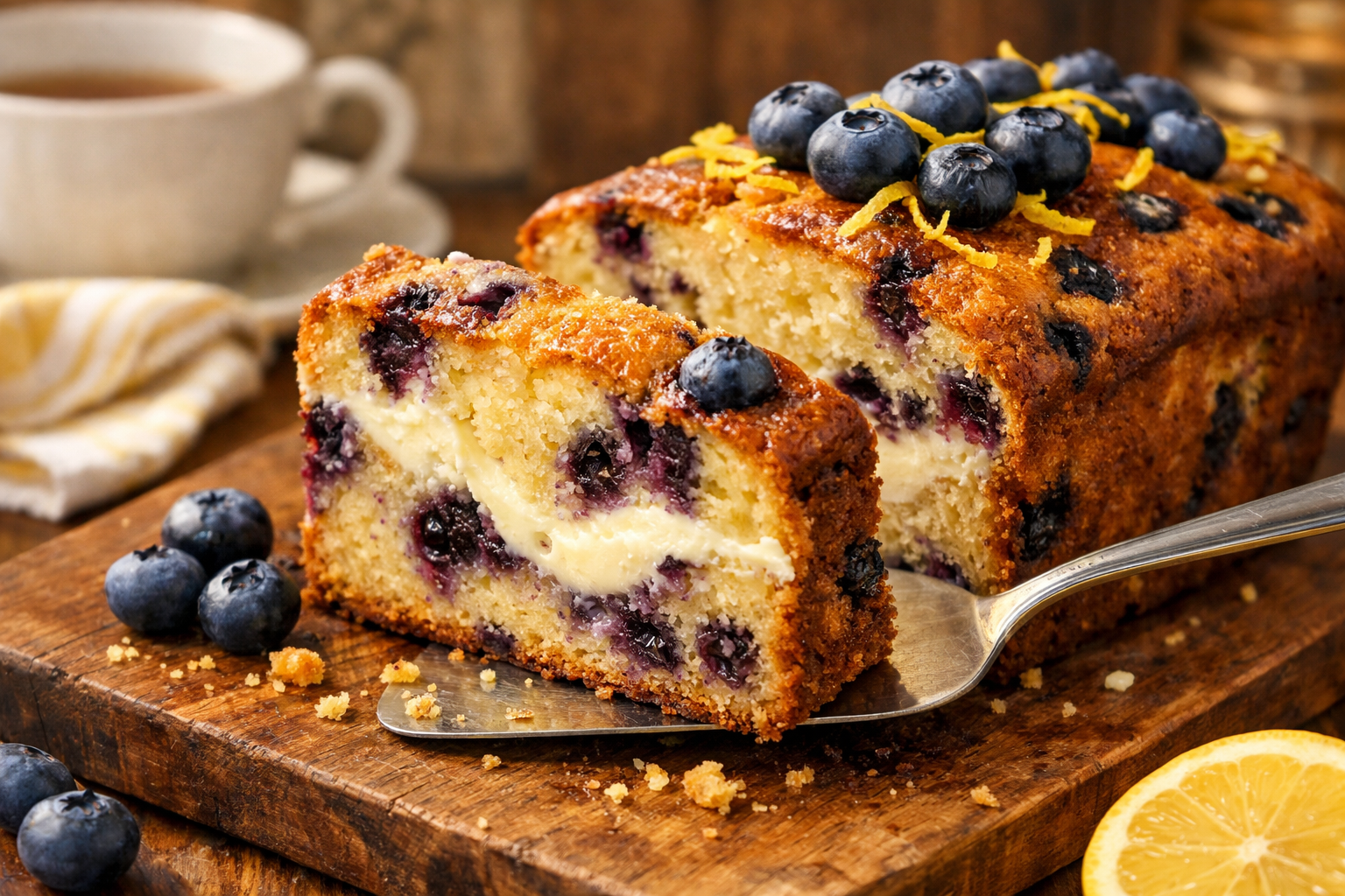 Beautiful cross-section view of finished blueberry lemon cream cheese loaf on wooden cutting board, showing perfect cream cheese swirl patte