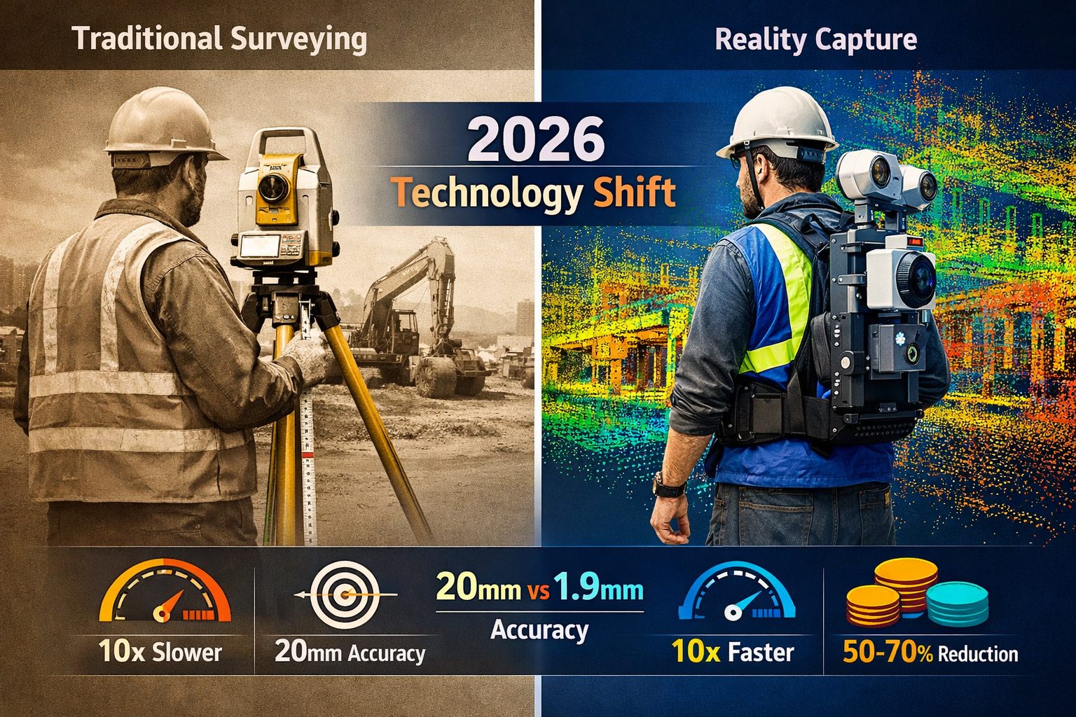 Landscape format (1536x1024) editorial image showing side-by-side comparison of traditional surveying methods versus modern reality capture