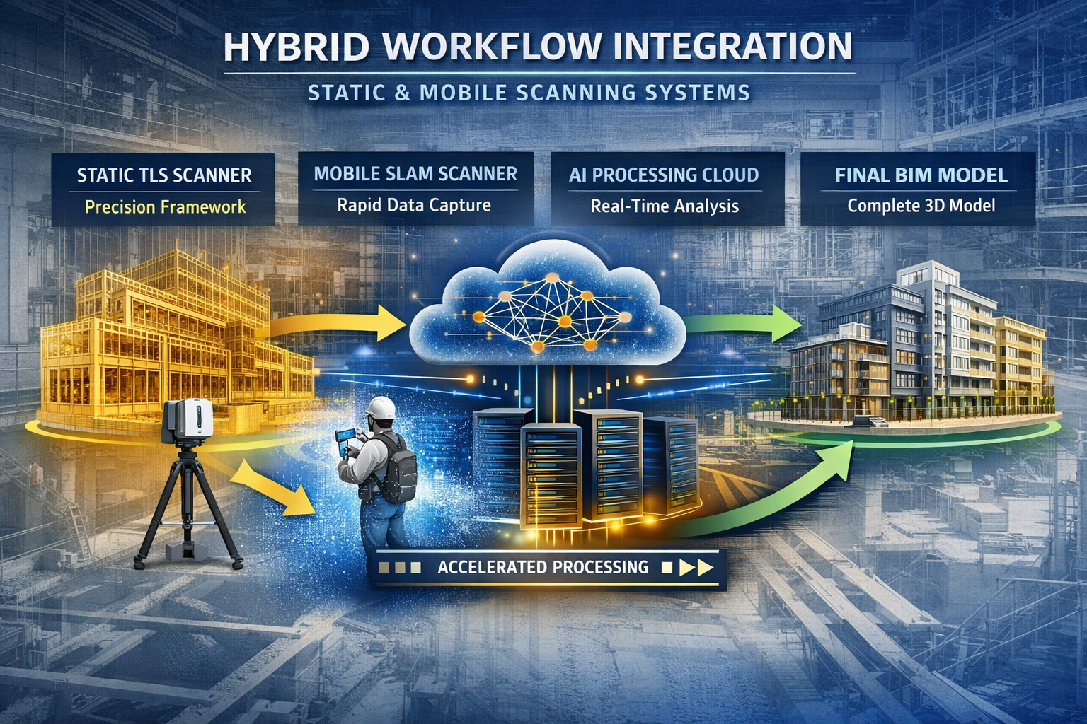 Landscape format (1536x1024) detailed technical illustration showing hybrid workflow integration of static and mobile scanning systems. Cent